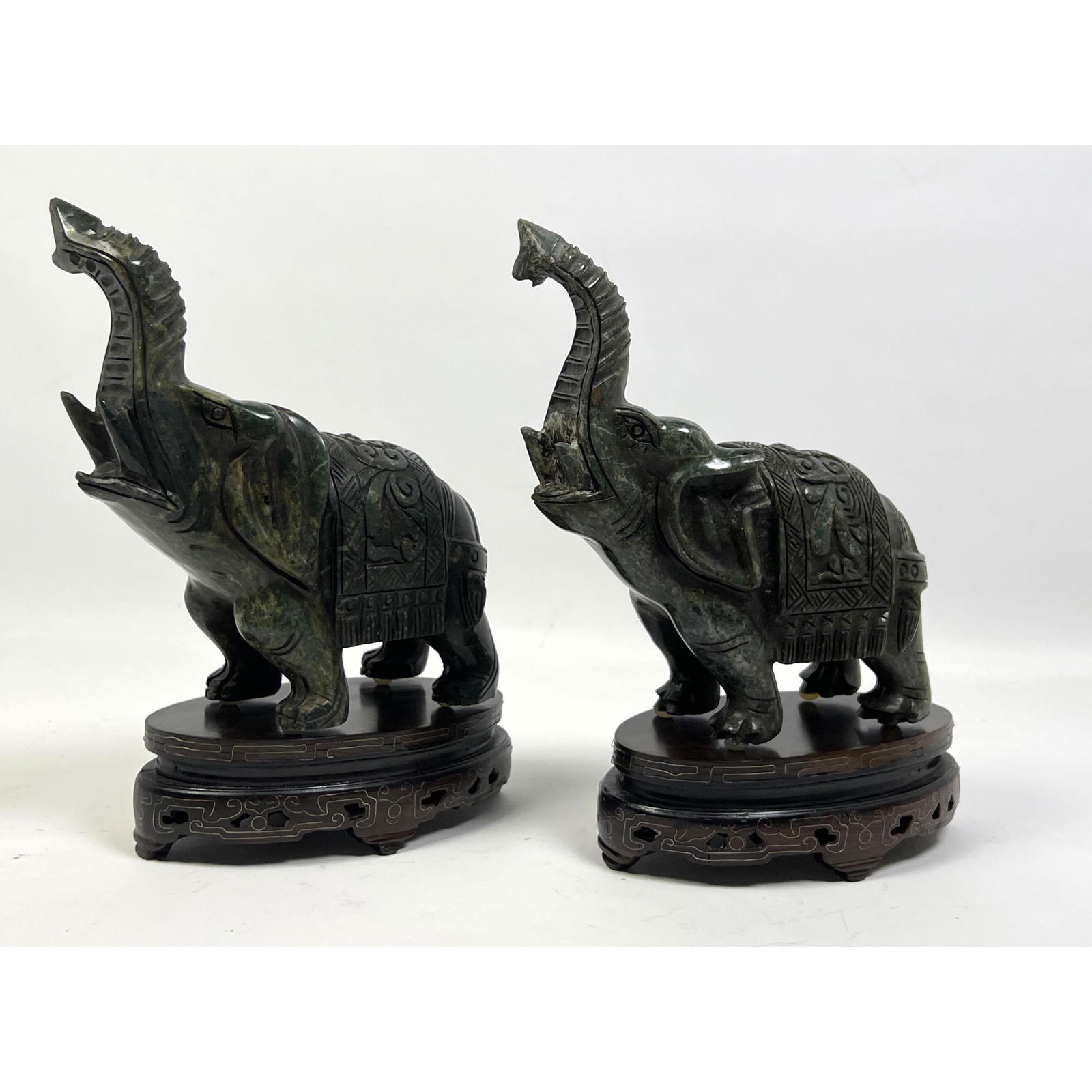 Pr Carved Stone Figural Elephants Sculptures. Wood Carved Bases. (1 of 10)