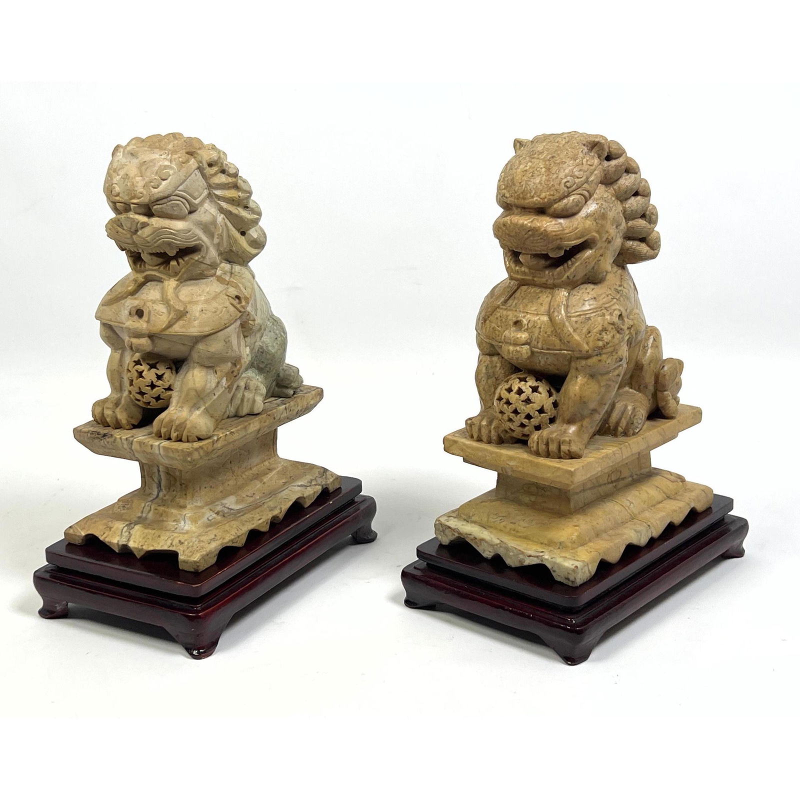 Pr Carved Stone Chinese Foo Dogs on Stone Pedestals. Wood Bases (1 of 9)