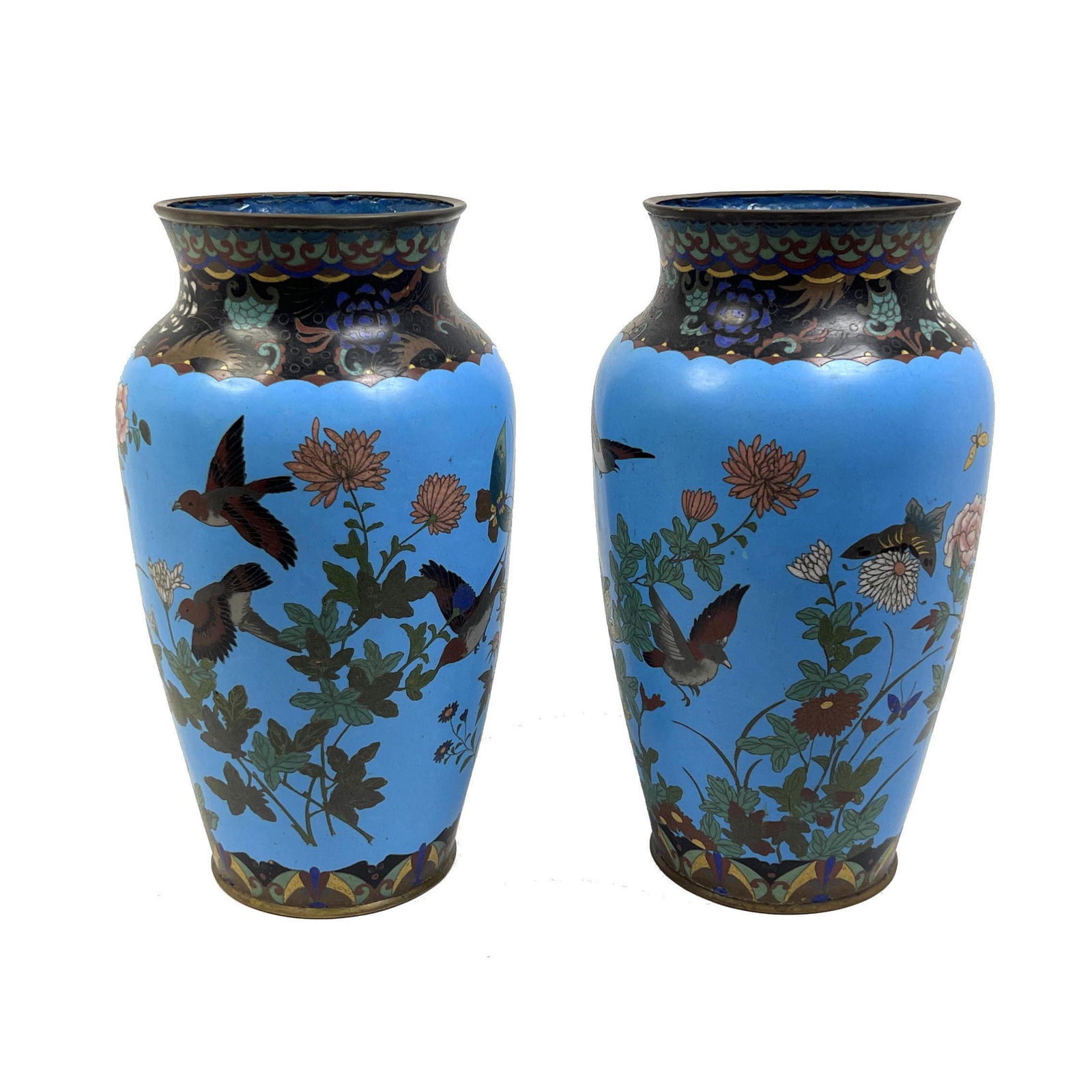 Pr Chinese Cloisonne Vases. Bright blue grounds with birds, Butterflies and mum designs. Decorative (1 of 9)