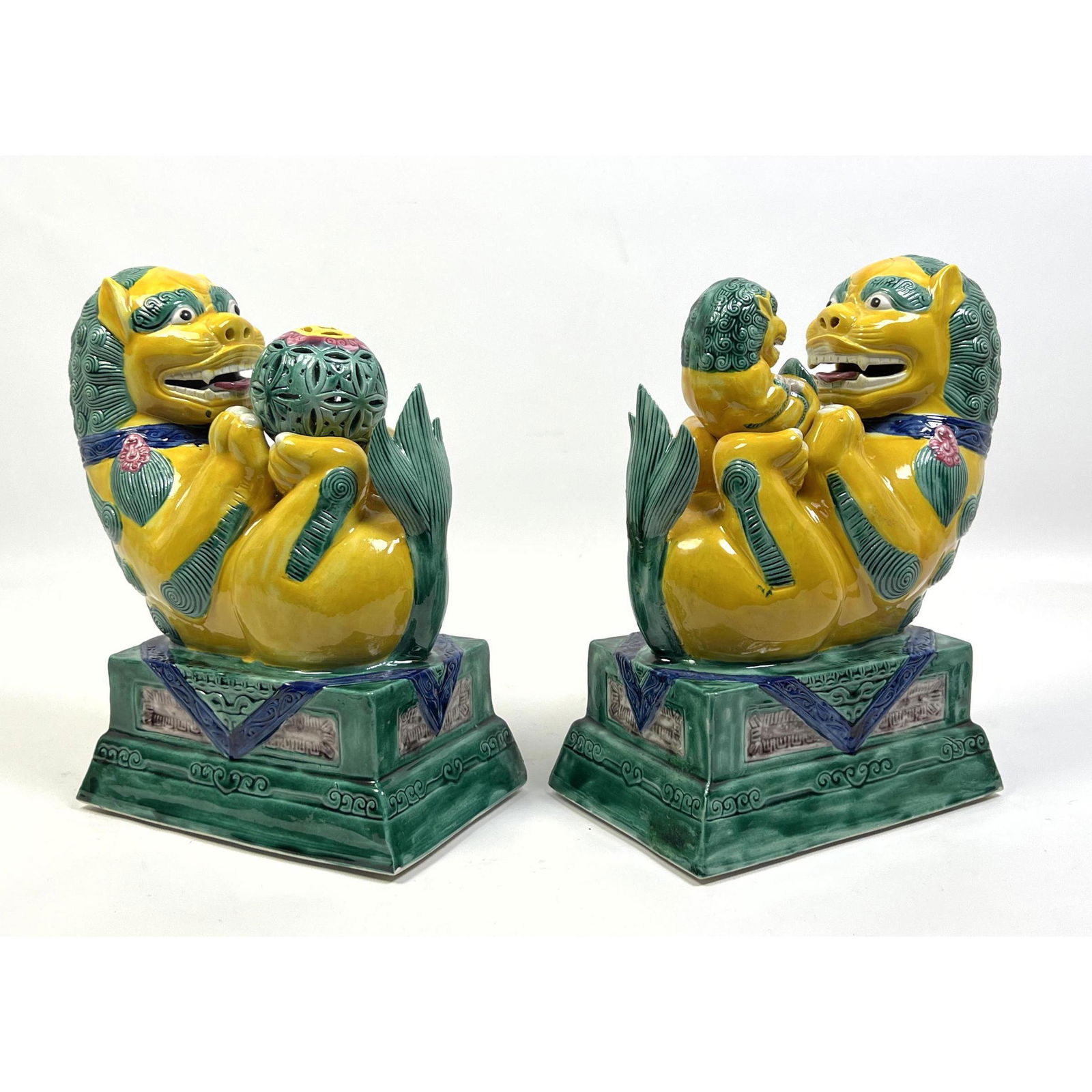 Pr Polychrome Glazed Ceramic Figural Lions. One lion holds ball; one holds baby lion. Asian. (1 of 8)