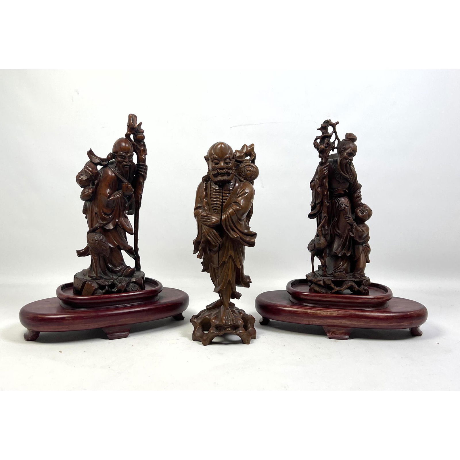 3pc Carved Wood Asian Figures. Two Wise Elders with staffs. (1 of 19)