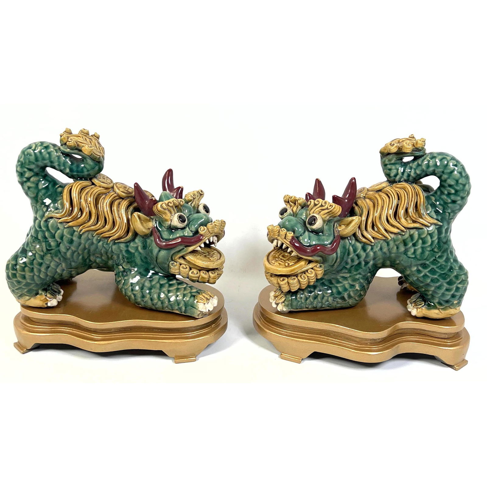 Pair Chinese Porcelain Foo Dog Figures with wood Stands. (1 of 7)