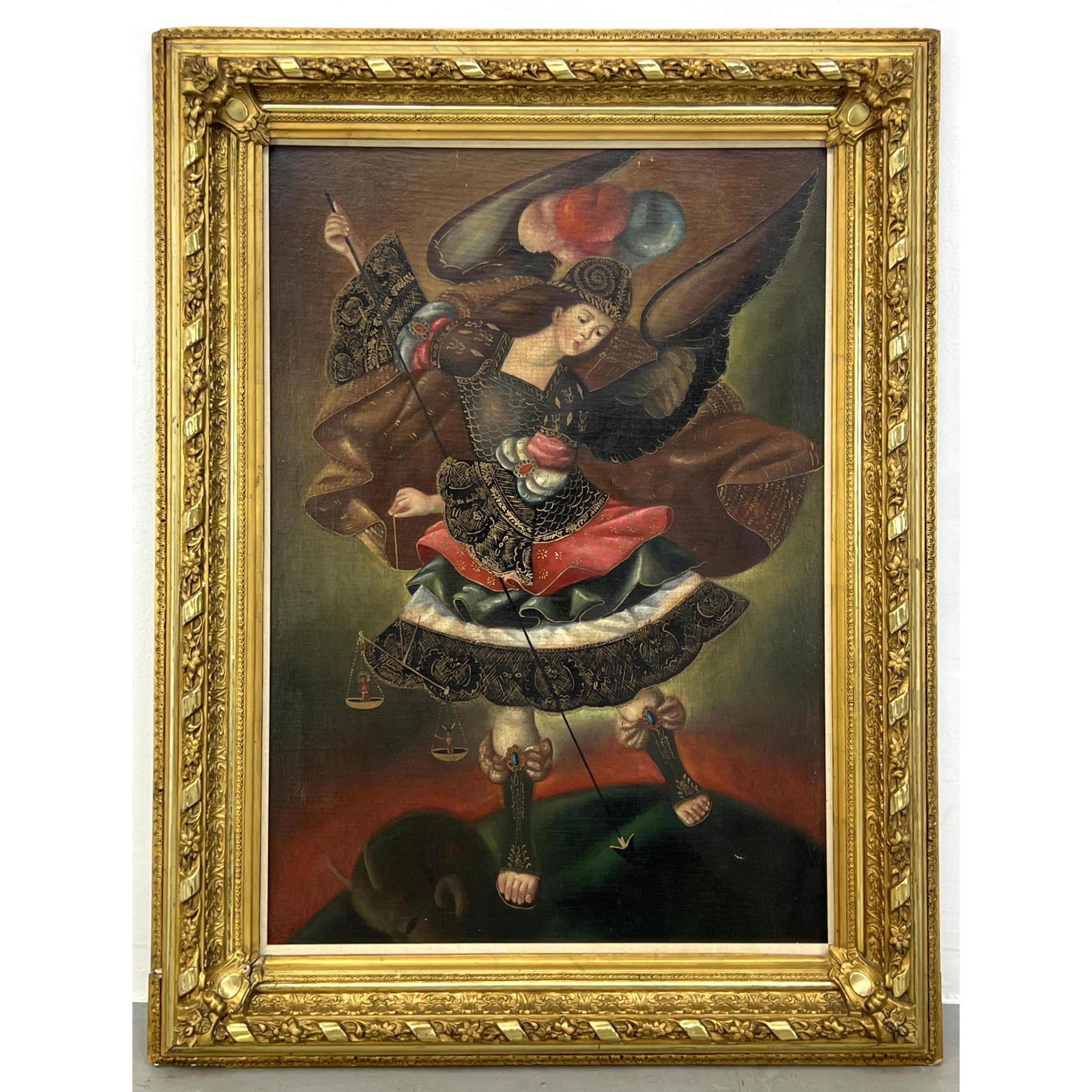 Surreal Painting of elaborately dressed Angel. Angel with Arrow and Scales.  Painted on panel. (1 of 10)