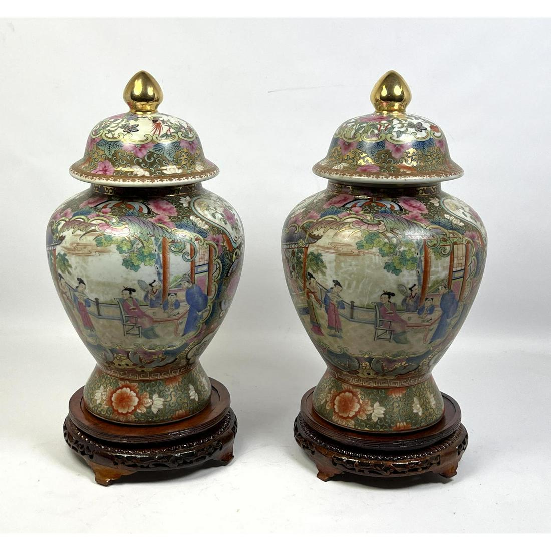 Pr Pottery Ginger Jars. Lidded Forms with Floral and landscape decorations. Wood bases. (1 of 9)