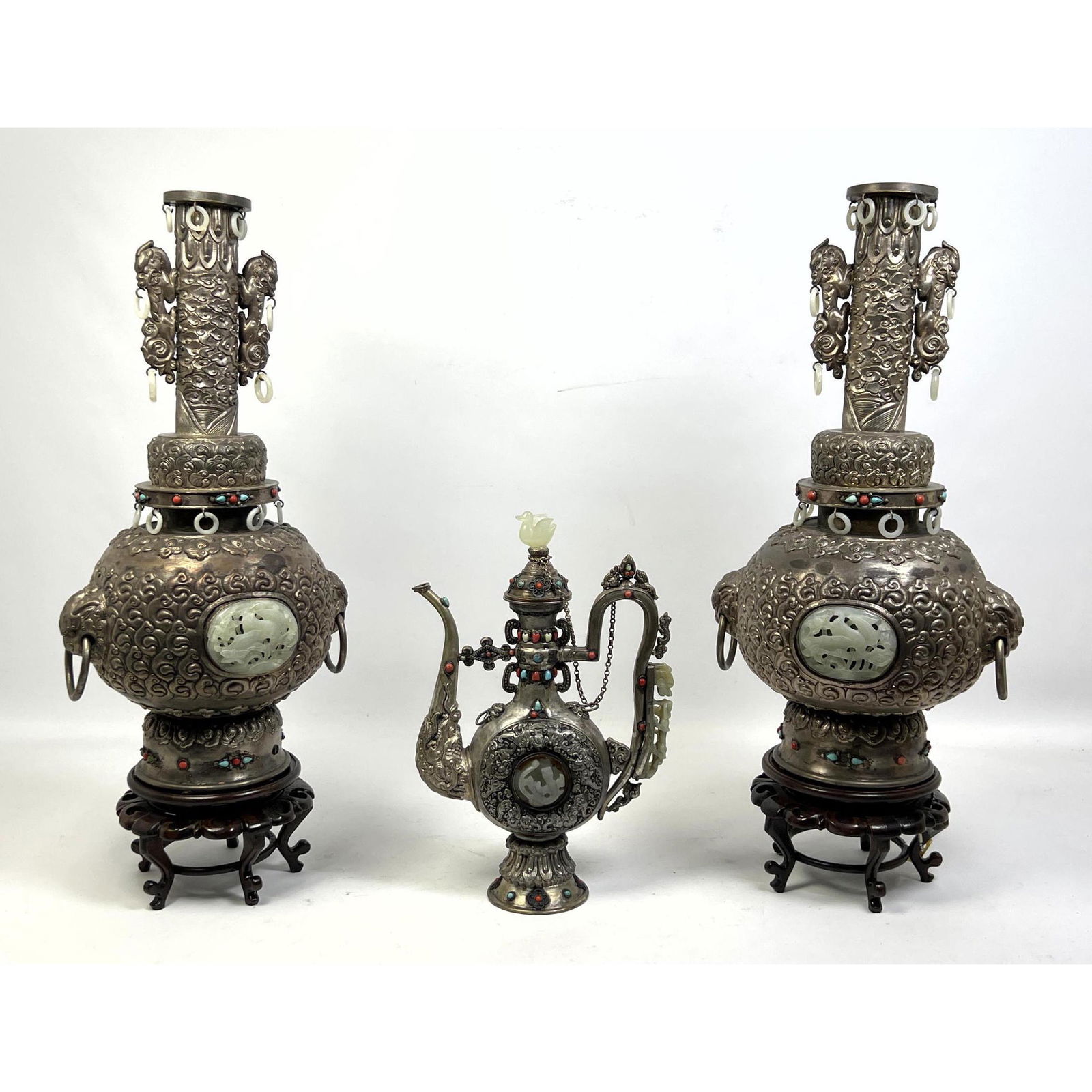 3pc Tooled Silver Asian style Vessels. Carved stone medallions and accents. (1 of 16)