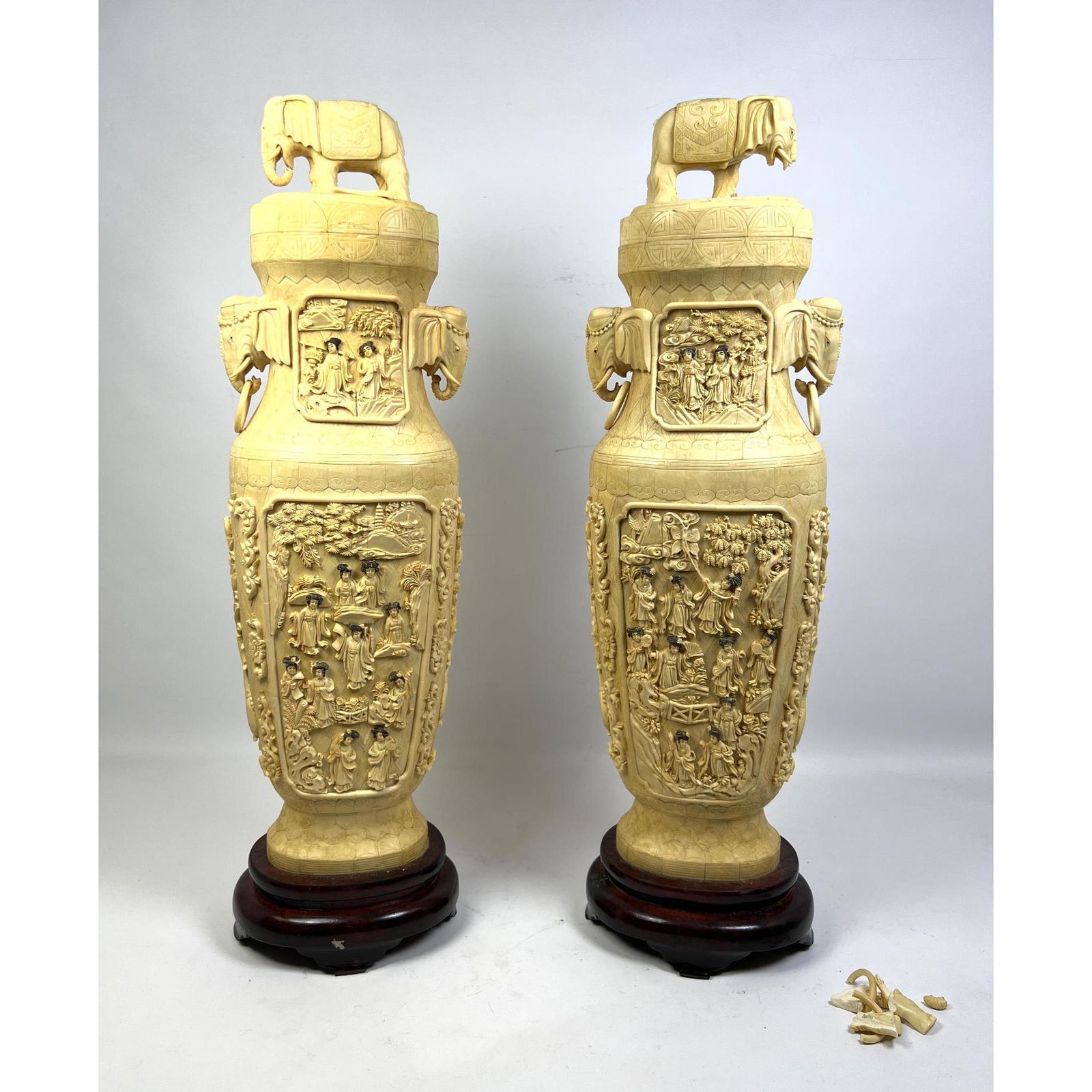 Pr Asian Carved Relief Lidded Jars Vases. Elephant Handles. Elephant