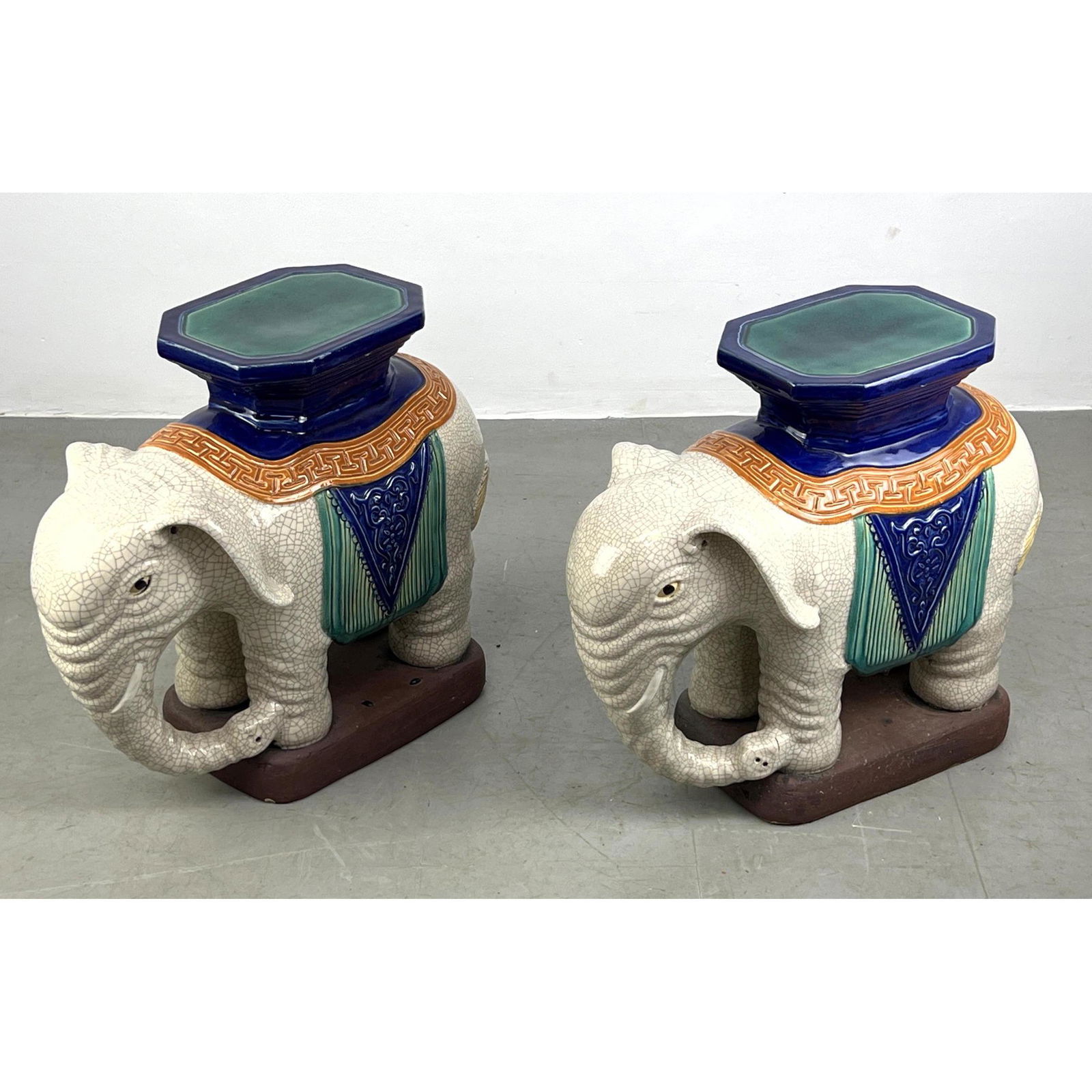 Pr Figural Elephant Pottery Display Pedestals Side Tables. Crackle Glaze. Garden stools. (1 of 11)