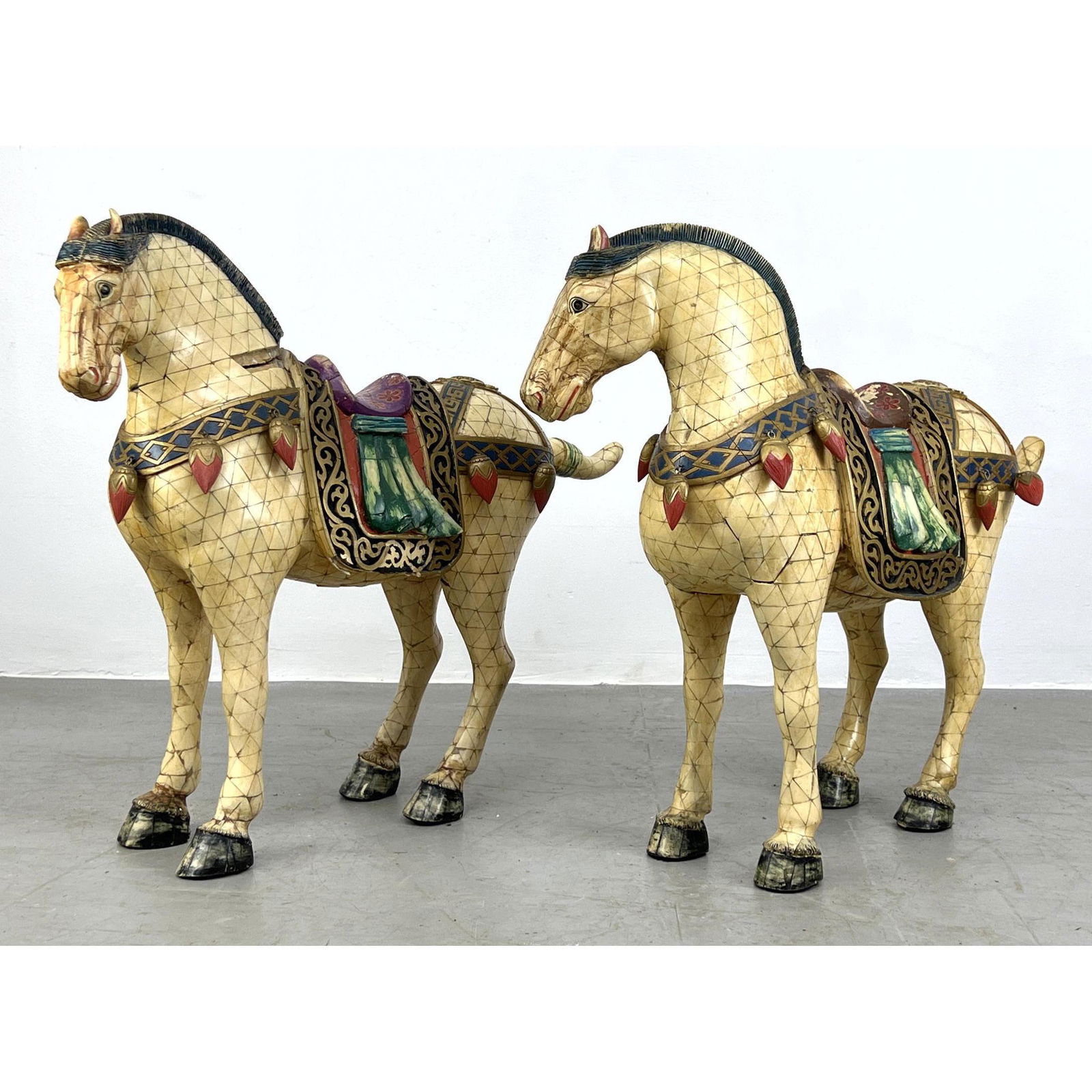 Pr Ornate Mosaic Tile Horse Figure Sculptures. Triangular tiles on wood frame. Painted Finish. (1 of 11)