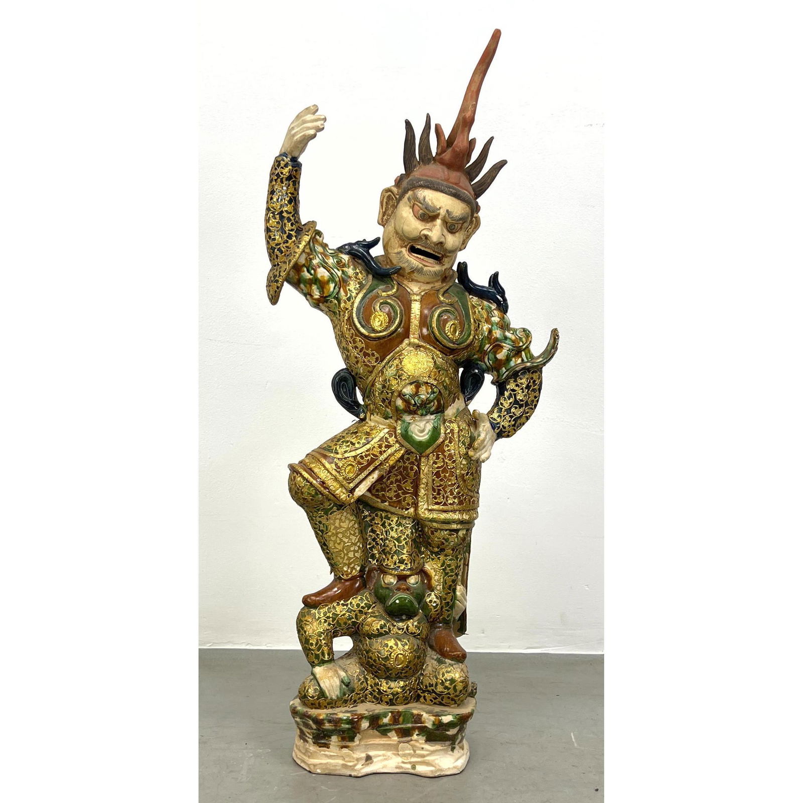 Ornate Polychrome Pottery Asian Figure. Figural Dragon Epaulets. Applied metal trim. (1 of 11)