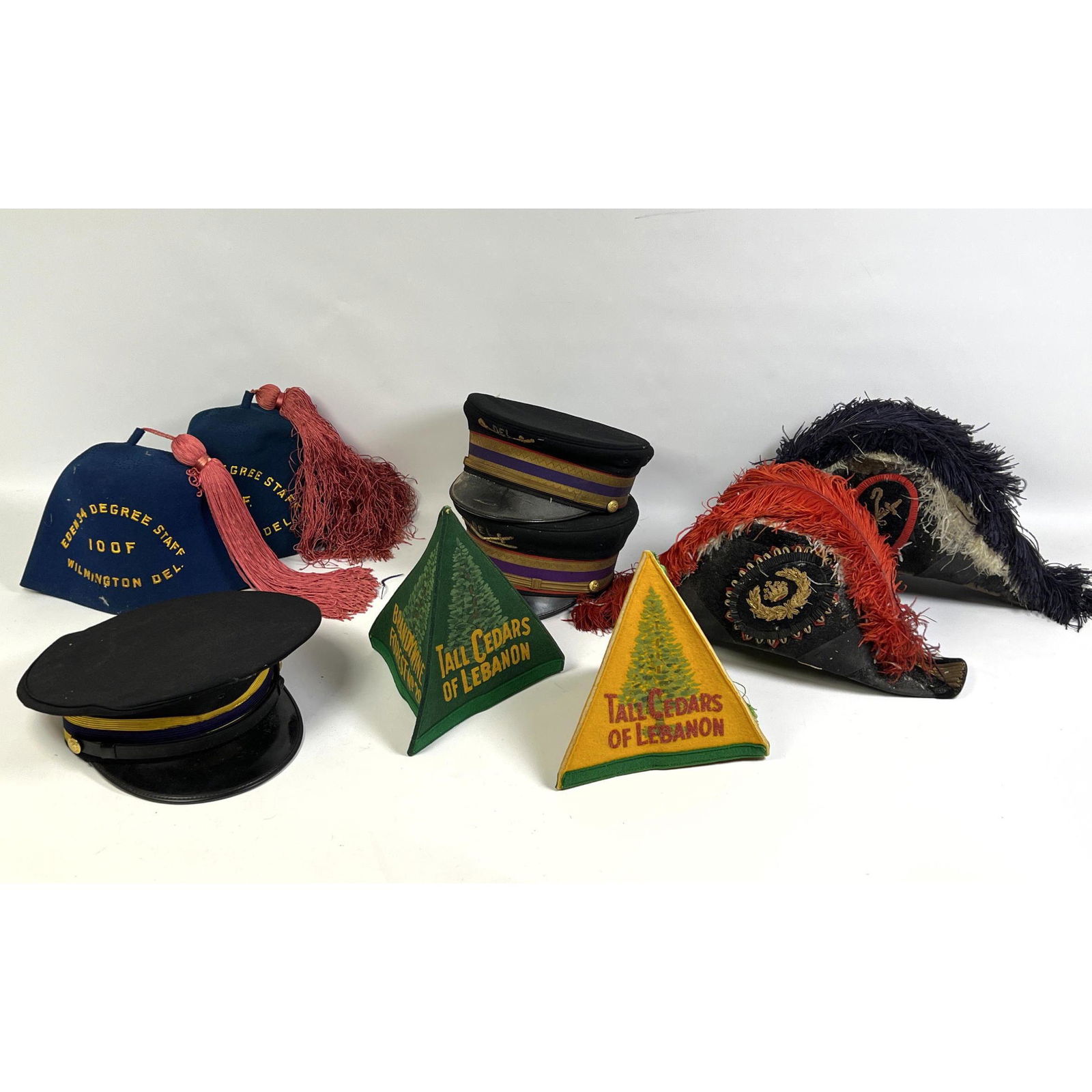 9pc hats from Odd Fellows Eden Lodge Wilmington DE. 4 fez, 2 feather napoleon hats, dress hats. (1 of 9)