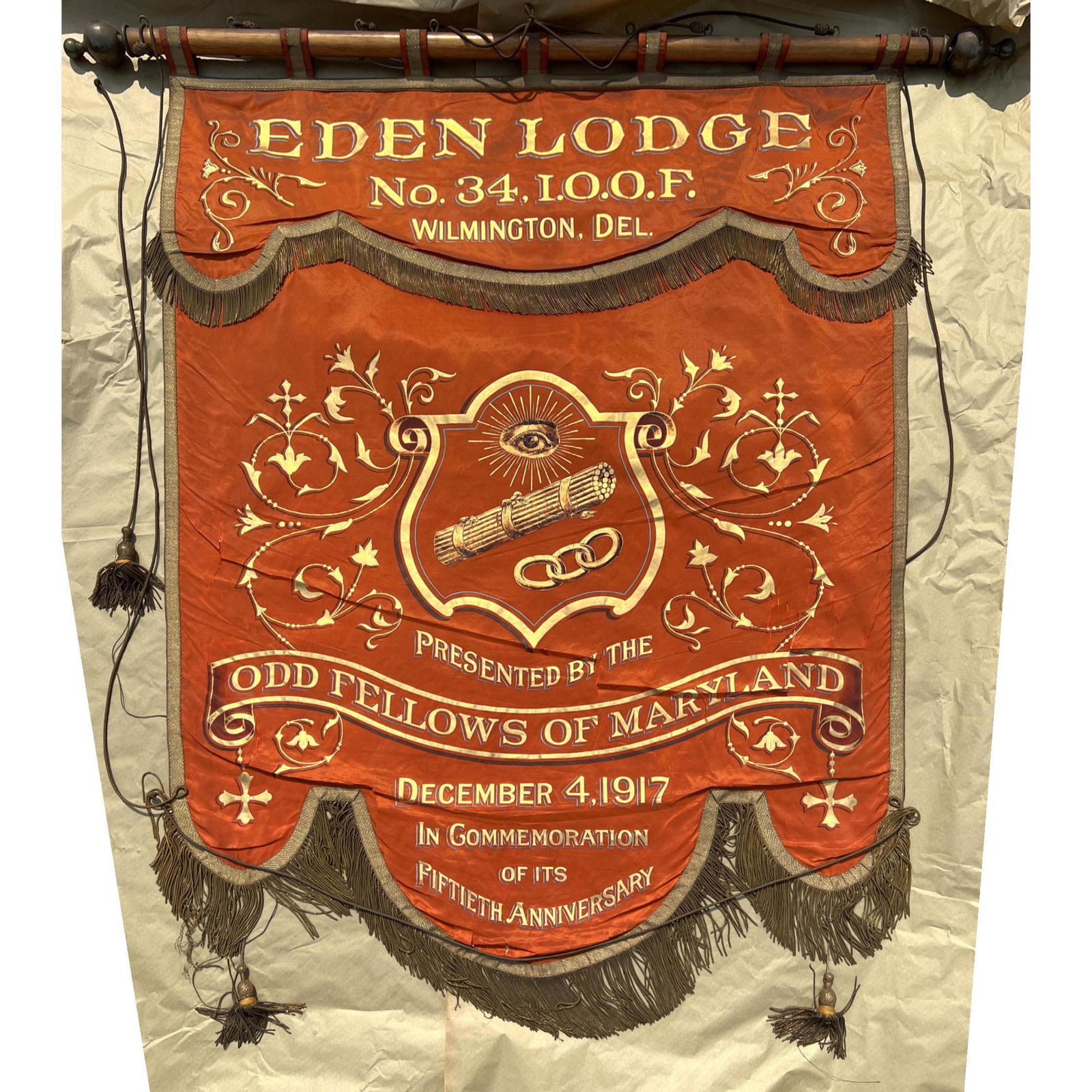 Silk banner 1917 50th anniversary Odd Fellows Eden Lodge Wilmington DE (1 of 10)