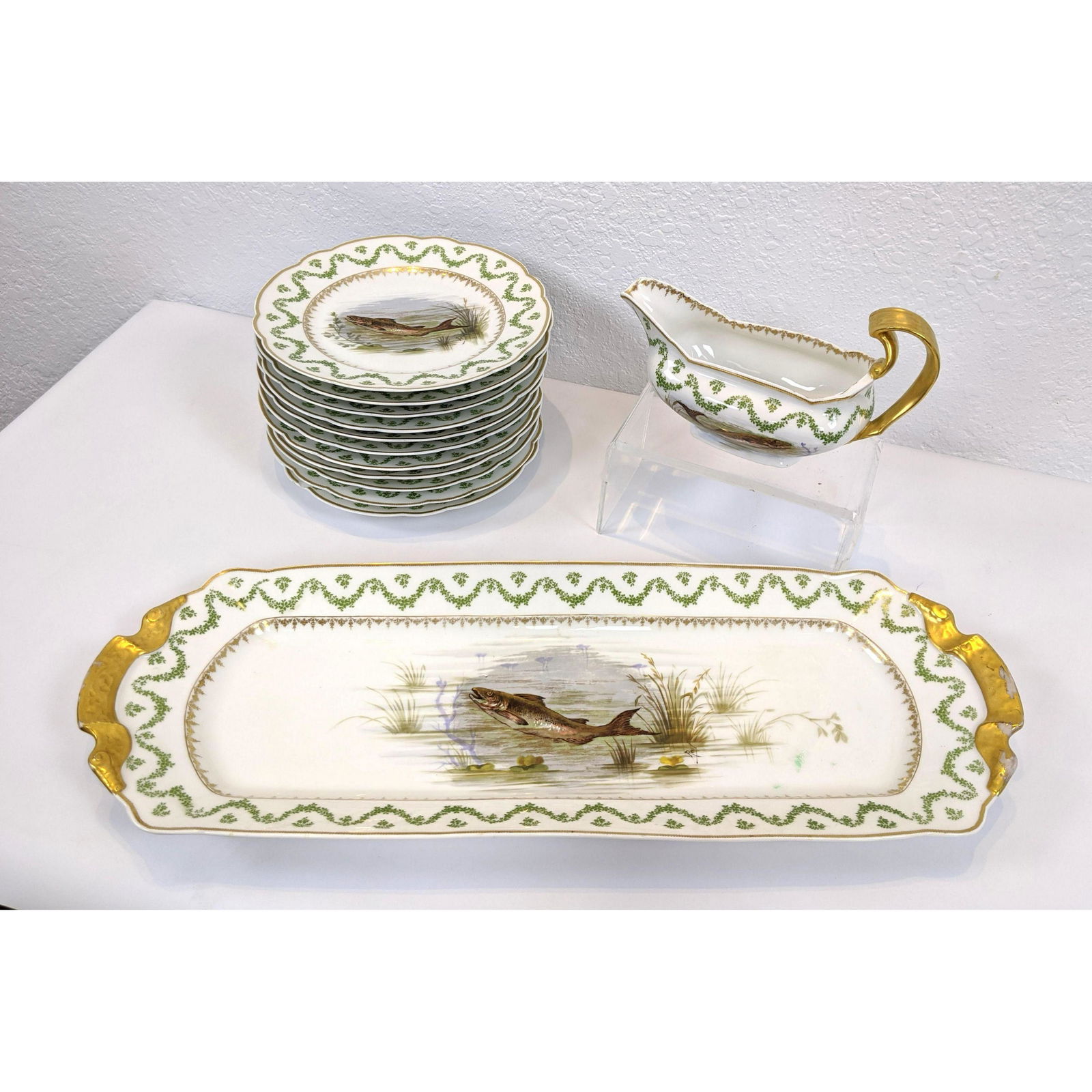 13pc DandC French Limoges Porcelain Fish Set. Signed REVEL. 11 plates, oblong serving dish and sauce (1 of 12)