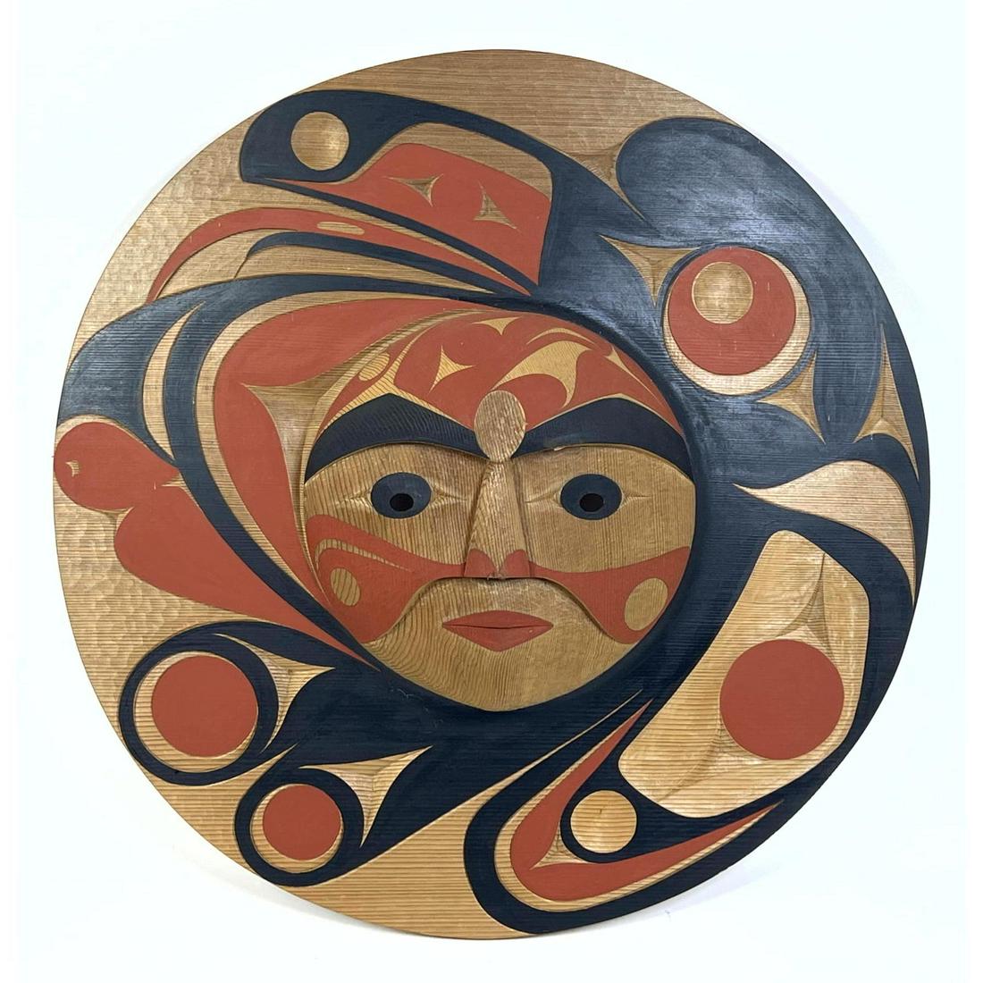 Signed ANDY WILBUR Pacific Northwest Coast Salish Art Carved Cedar Panel.  Keeper of Light Moon Mask (1 of 10)