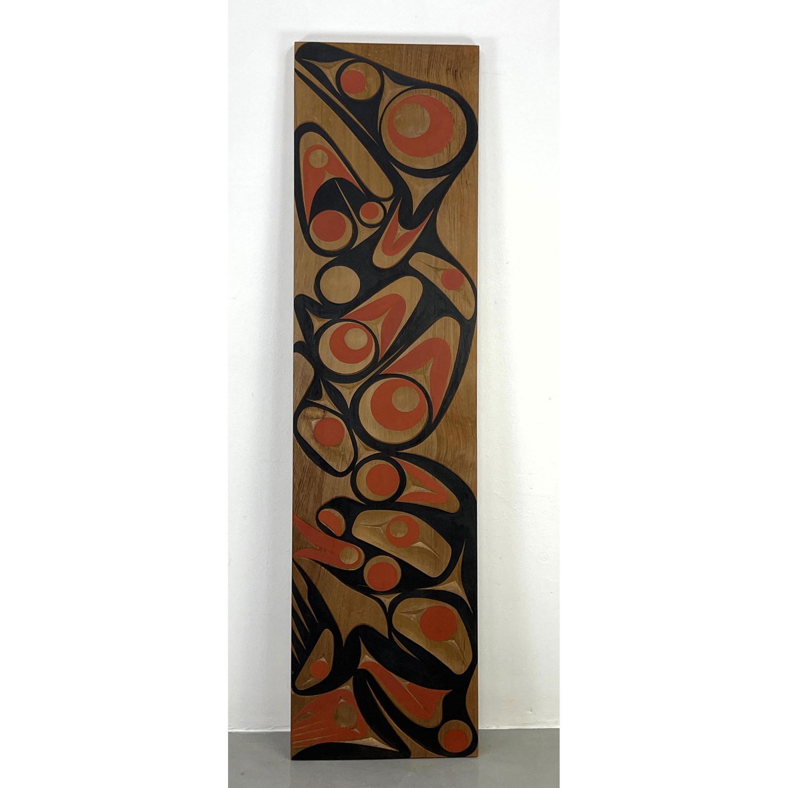 Signed ANDY WILBUR Pacific Northwest Coast Salish Art Carved Cedar Rectangular Panel.  "Keepers of L (1 of 14)