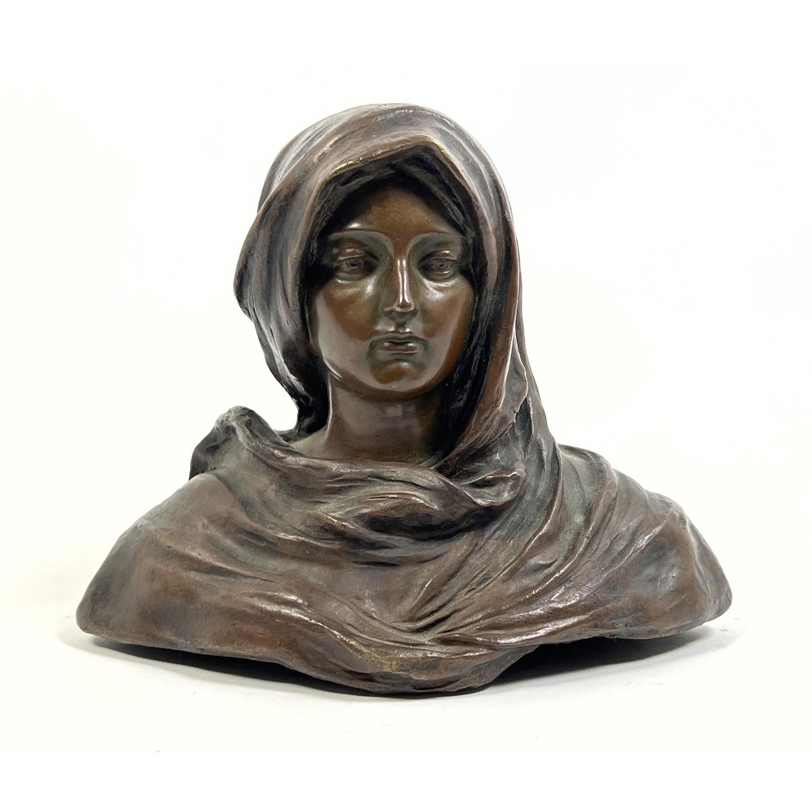 Bronze Portrait Bust Sculpture. Woman with head shawl. Marked. (1 of 9)