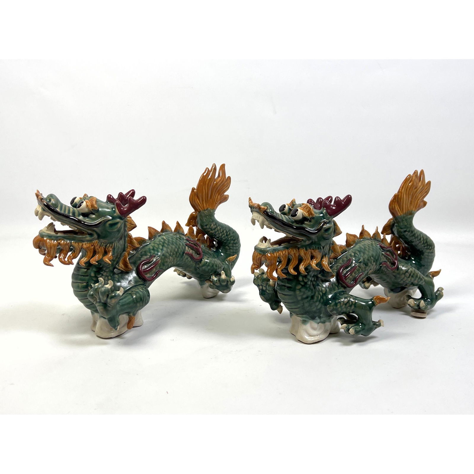 Pr Polychrome Glazed Pottery Dragon Figures. (1 of 9)