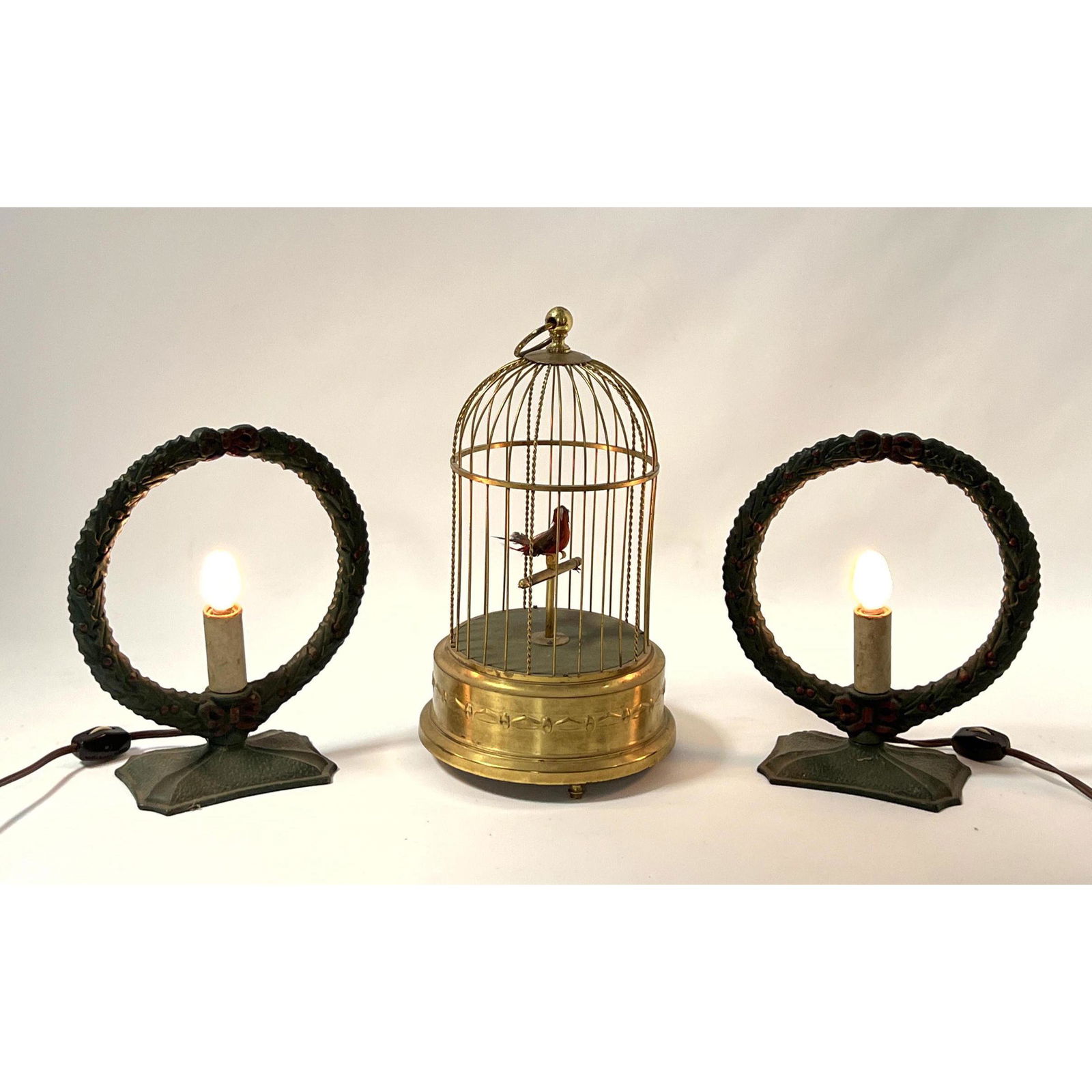 Vintage Lot.  Automaton Bird Cage and Pair Iron Christmas Wreath Lamps. (1 of 13)