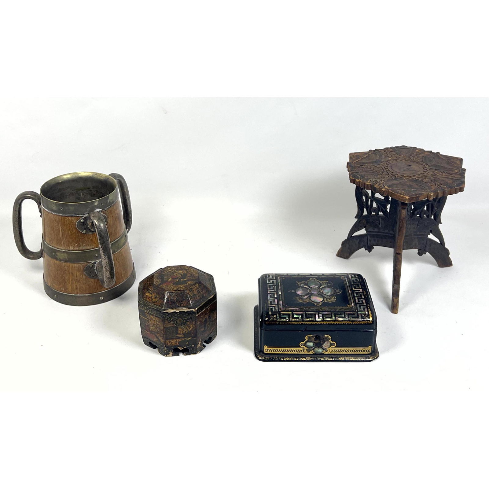 4pc Vintage Desk Top Lot. Victorian Papier mache inlaid abalone Travel Desk. Three handled cup. Carv (1 of 18)