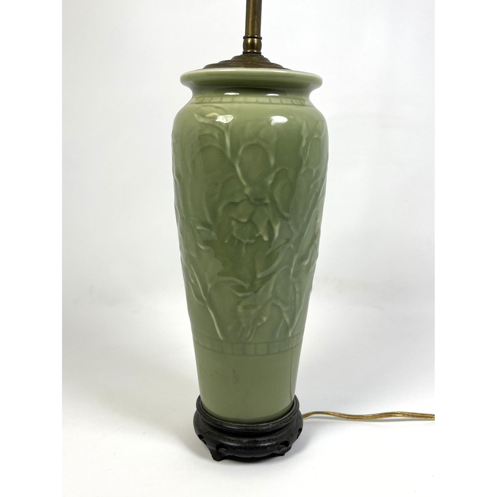 ROOKWOOD Celadon Glazed Vase Form Pottery Table Lamp. Relief floral design. Pottery only 13.5 (1 of 11)