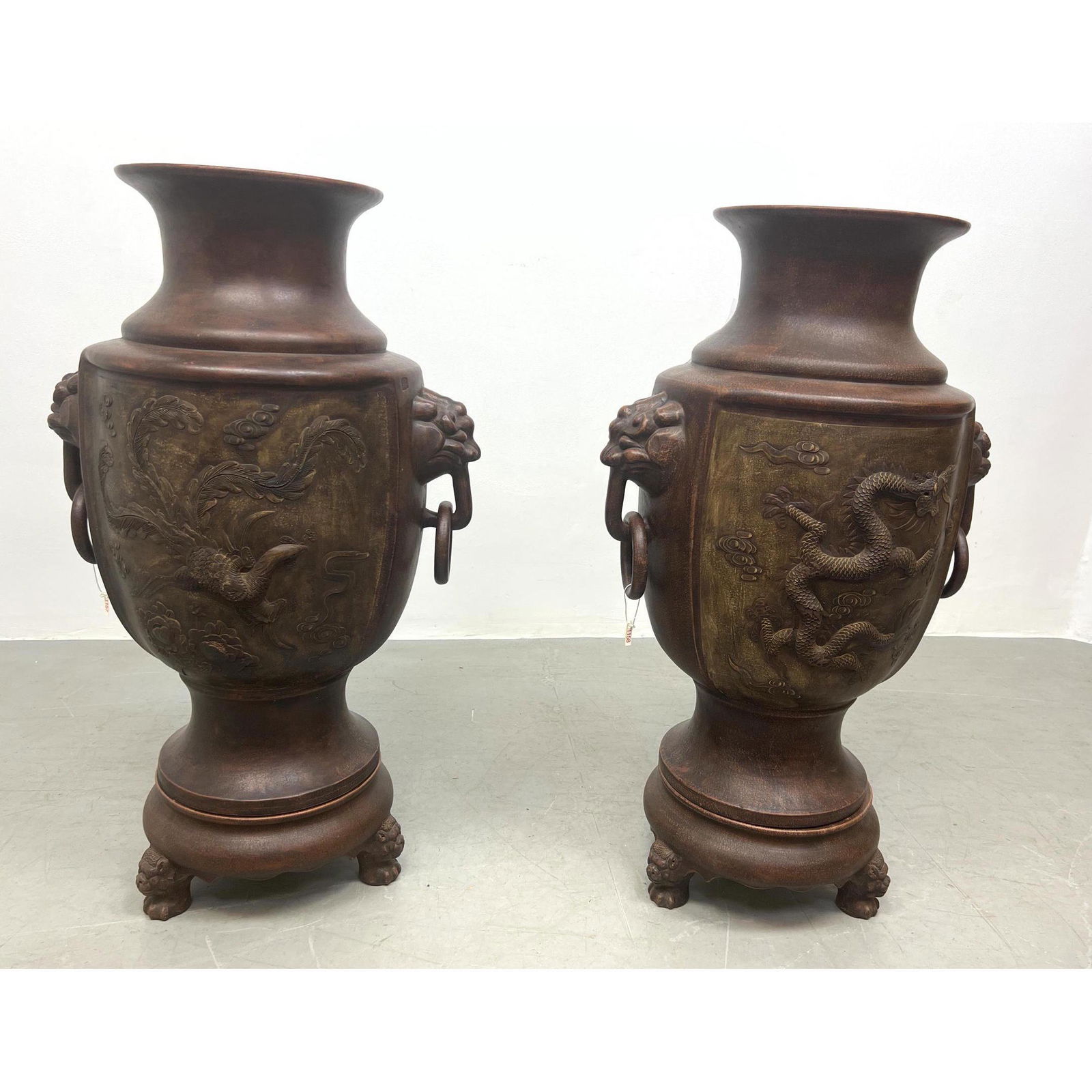 Pr Asian Handled Urns. Figural relief medallions with dragons and peacocks. Figural Handles. Urns re (1 of 11)