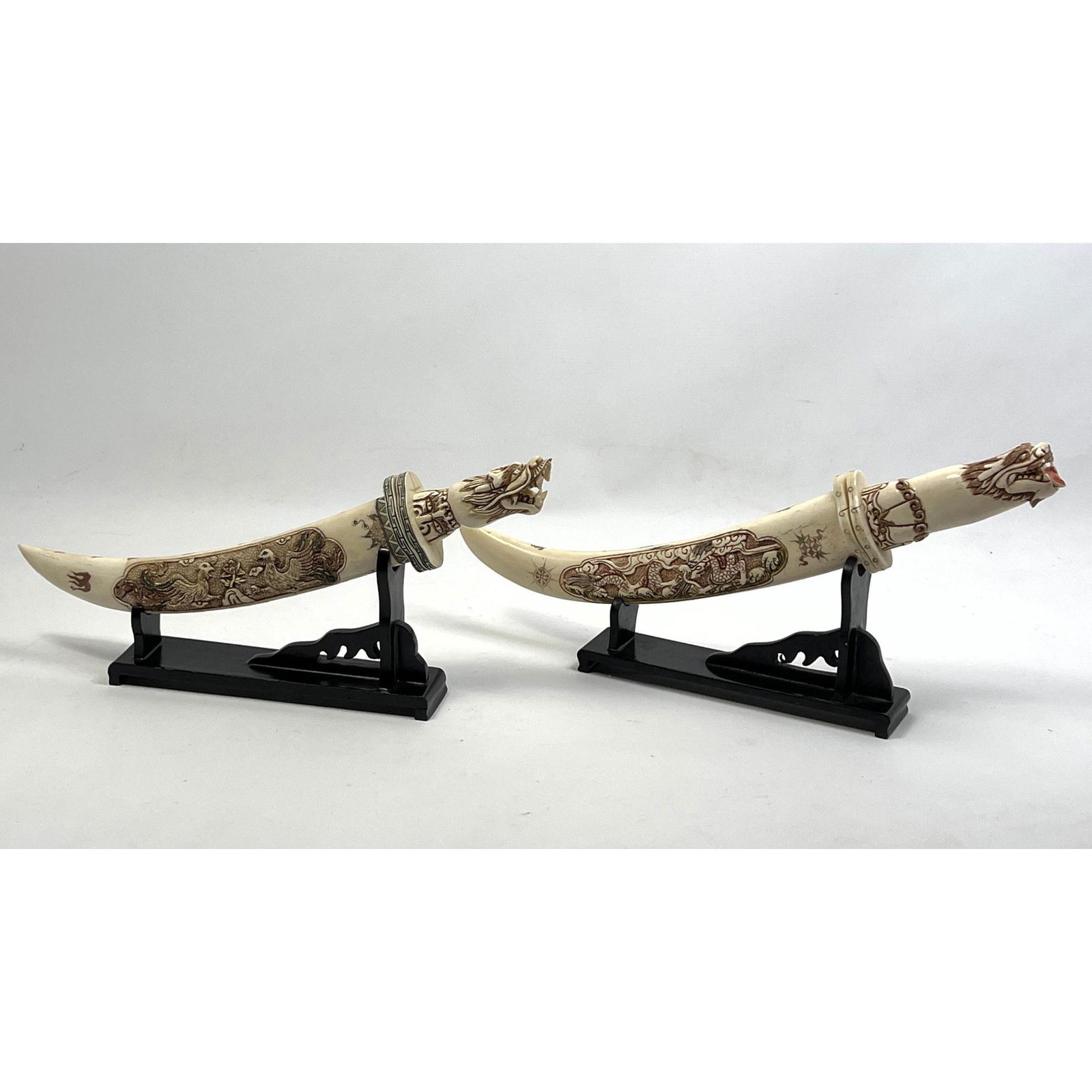 Collection Two Carved Asian Knives in Decorative sheath. Each knife has carved dragon head handle. (1 of 10)