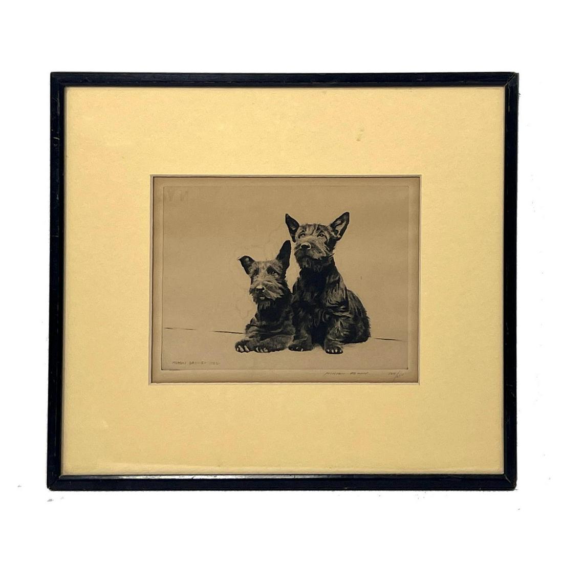 Vintage Signed MORGAN DENNIS Print. Scotties. Two Black Scottish Terrier Dogs. Pencil Signed; #124/2 (1 of 9)