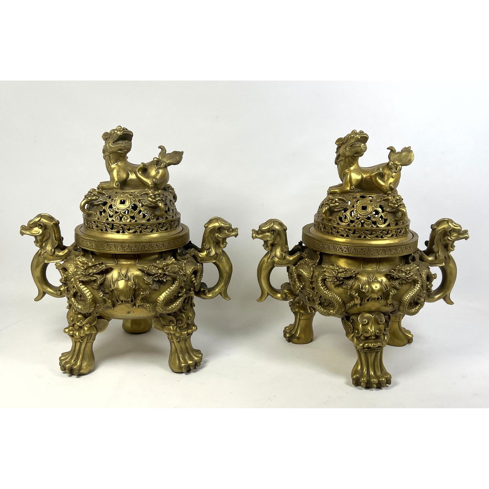Pr Elaborate Brass Censors. Ornate Figural Sculptural Dragons, Paw Feet and Foo Dog Finials. impress (1 of 10)