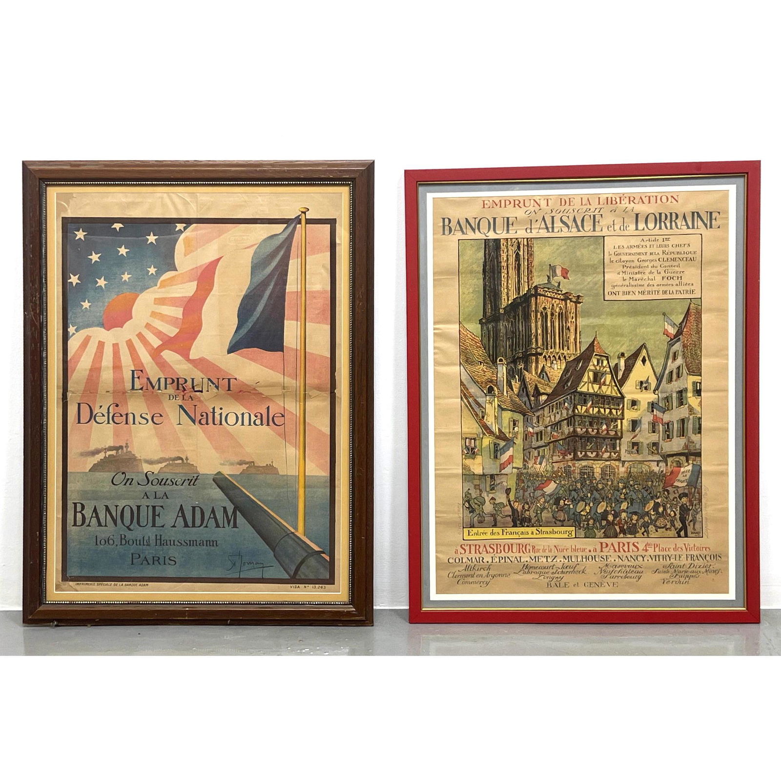 2pc French World War 1 Propaganda Posters. Framed. 1) Empruntde la Defense Nationale c. 1914. Banque (1 of 14)