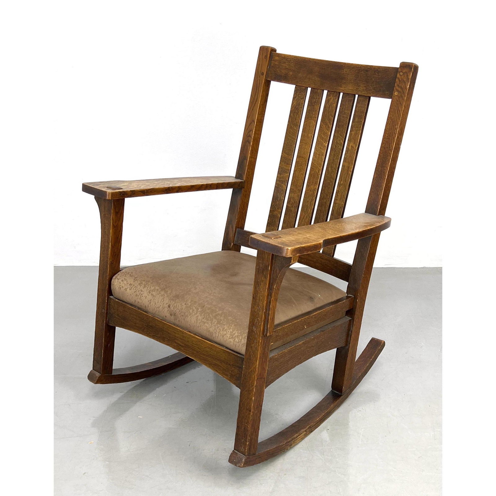 L and JG STICKLEY oak rocker with 5  slats. Mission. Arts and Crafts. Rocking chair with Leather Sea (1 of 9)