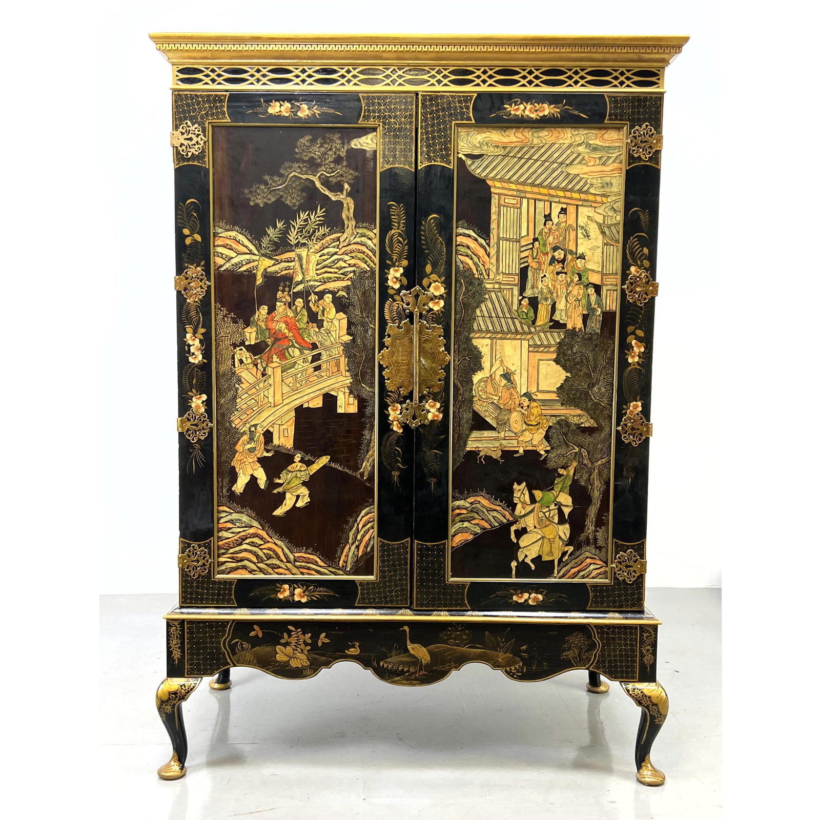 Ebonized Asian Scenic Two Door Cabinet. Ornate brass hinges. Separate base. Electrified interior. (1 of 19)
