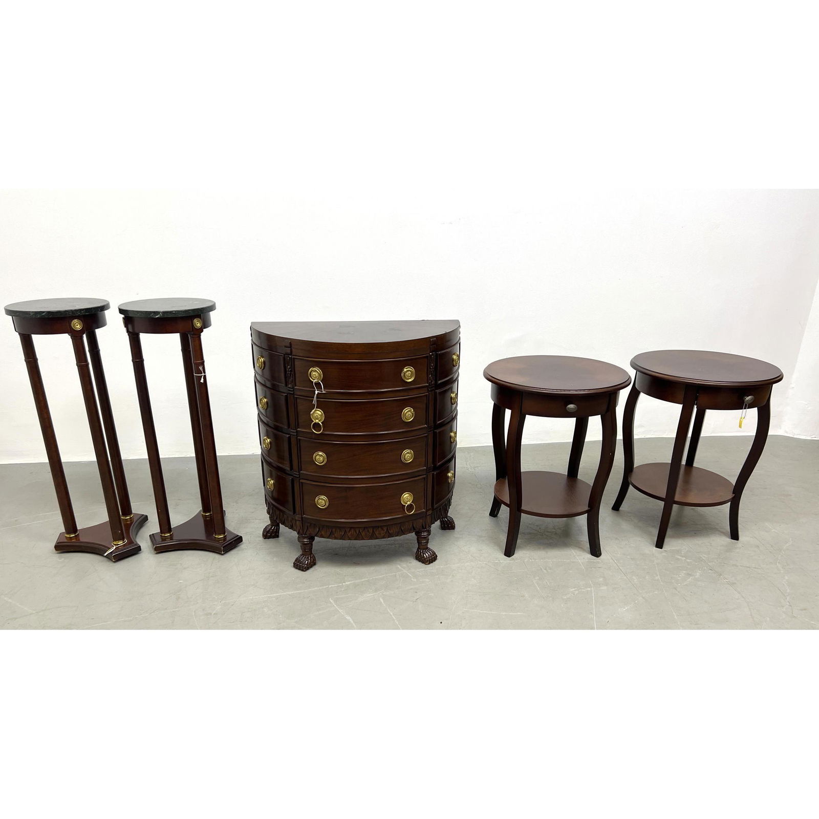 5pc Mahogany  Stands, Tables and Small Demi Lune Chest. Pr Green Marble Top Display Pedestals. Pr Ro (1 of 10)