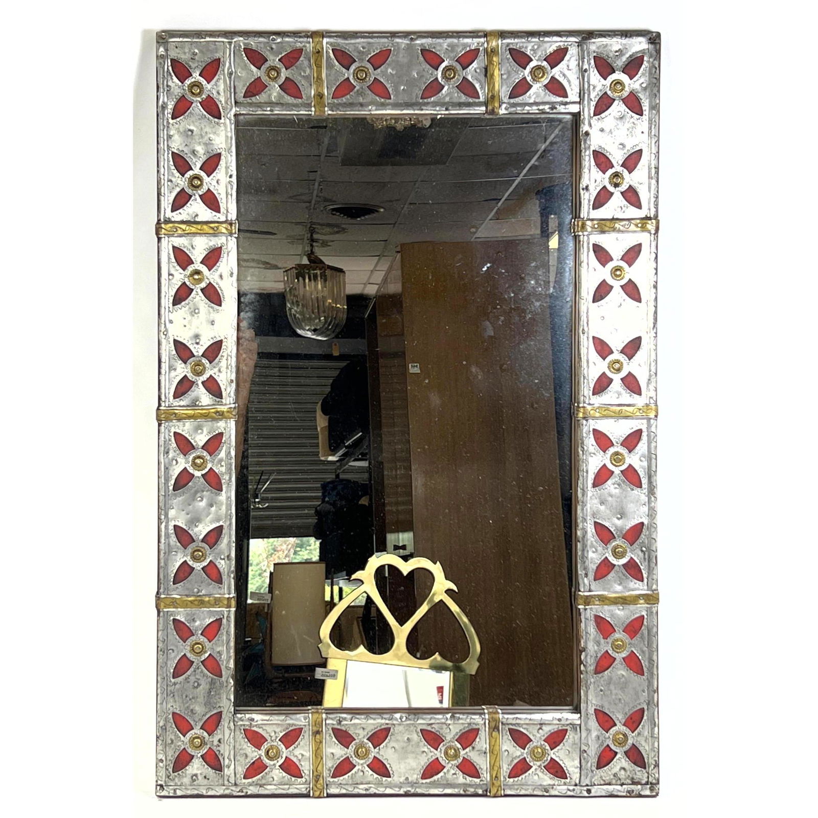 Punched Tin Framed Wall Mirror. Red and brass accents, Wood base. (1 of 8)