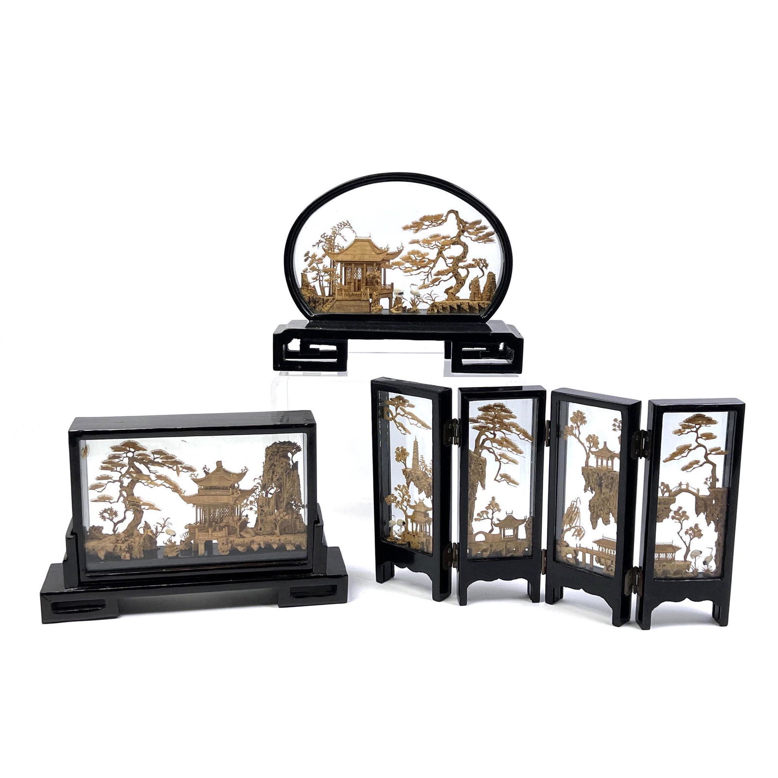 3pc Vintage Chinese Carved Cork Landscape Art. Two framed cork landscapes. One 4 panel folding scree (1 of 13)
