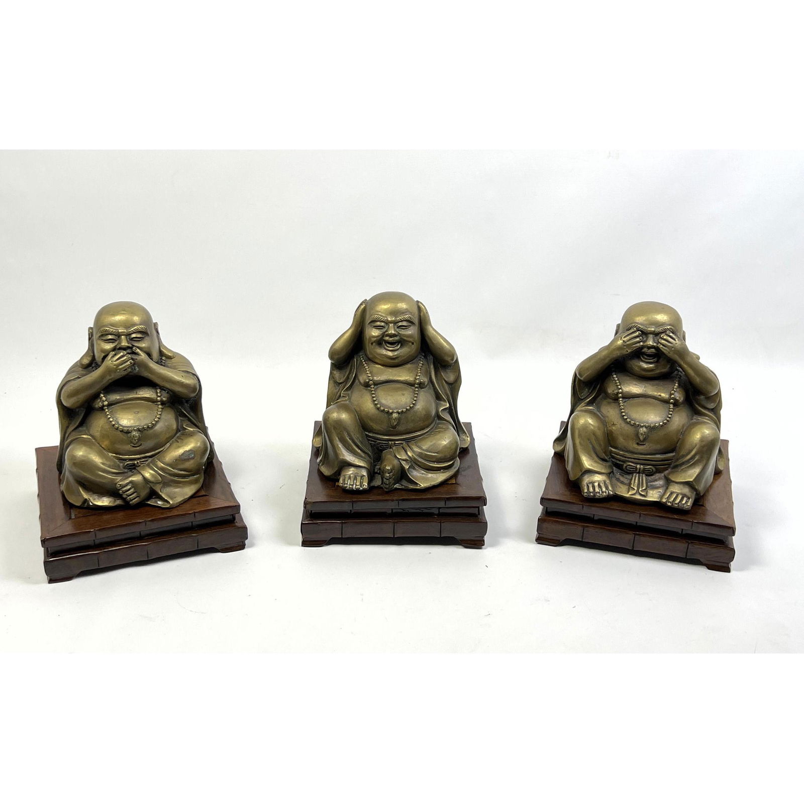 Set 3 Brass Buddha Sculptures. Hear no Evil; See No Evil; Speak No Evil. Wood bases (1 of 6)