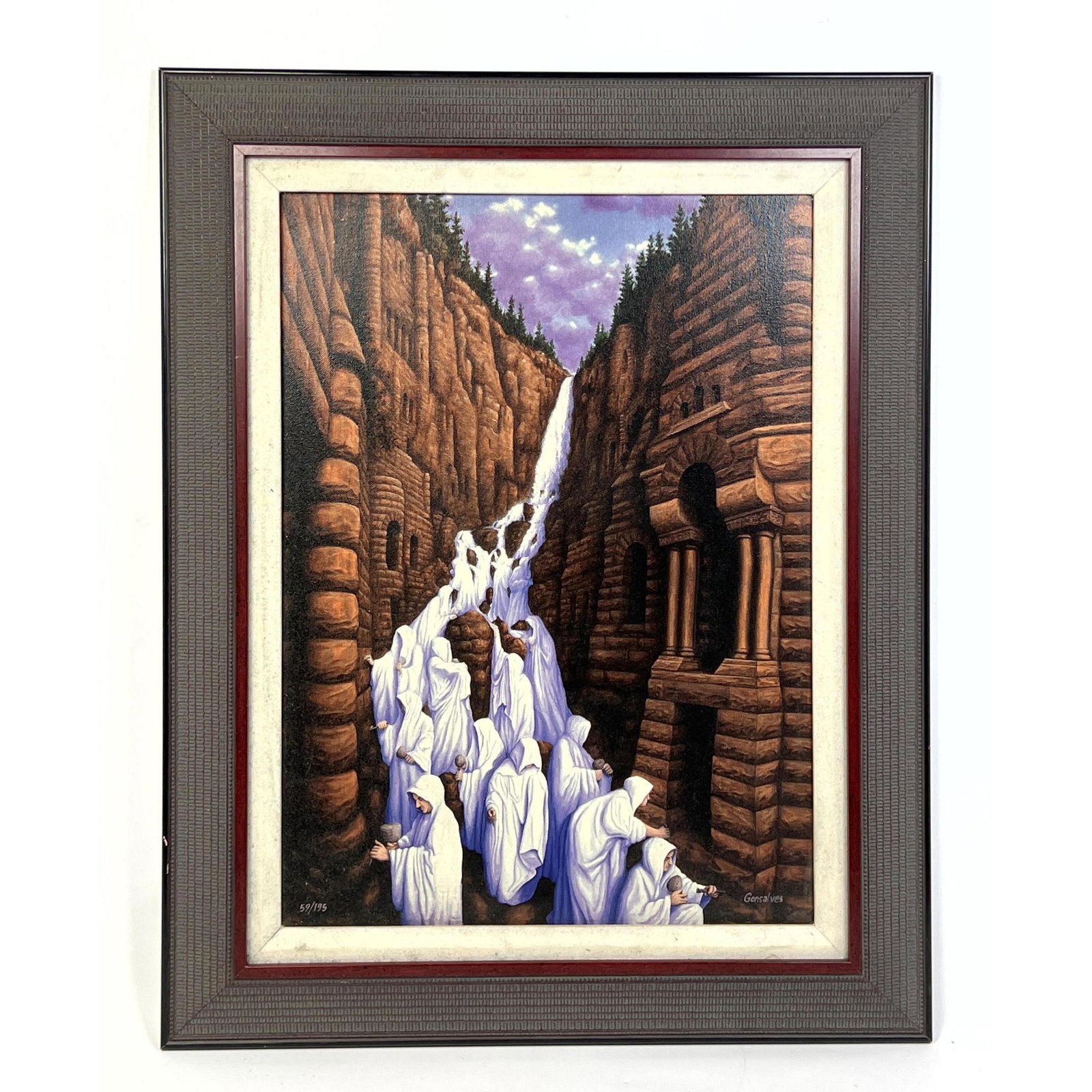 GONSALVES Surreal Modernist Print. Escheresque architecture with "waterfall" that becomes white robe: GONSALVES Surreal Modernist Print. Escheresque architecture with "waterfall" that becomes white robed people. Signed. 59/19.5 Dimensions: H: 18.5 inches: W: 13.5 inches: Frame Height: 25 inches: Frame