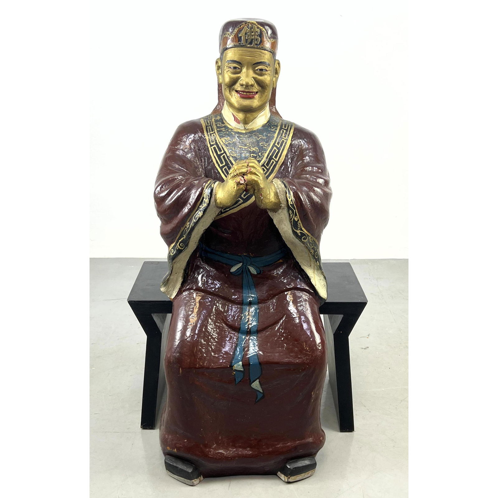 Large Carved Wood Polychrome Painted Asian Praying Figure. Seated Statue with separate wood bench. (1 of 15)