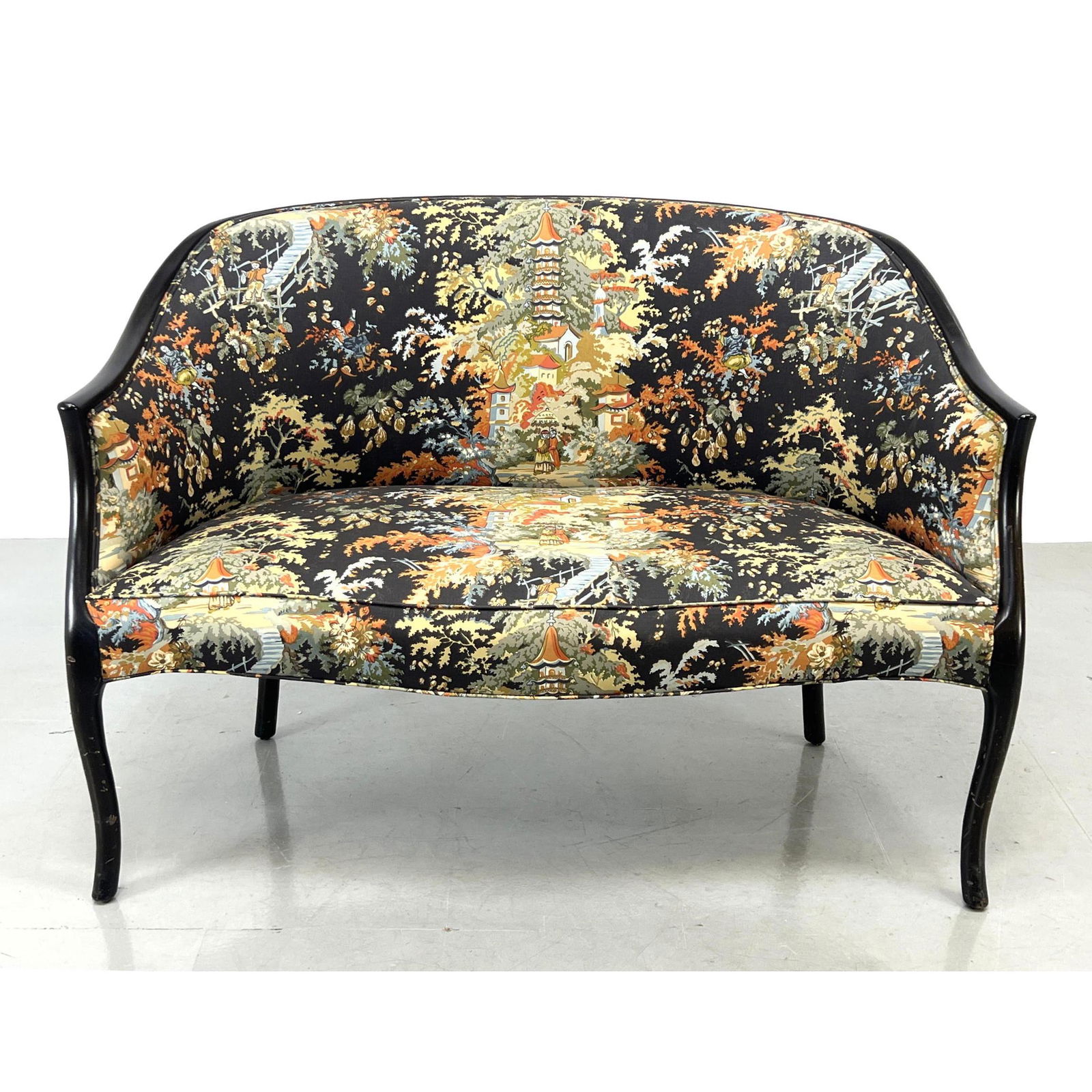 Ebonized Frame Floral Upholstered Love Seat. (1 of 10)