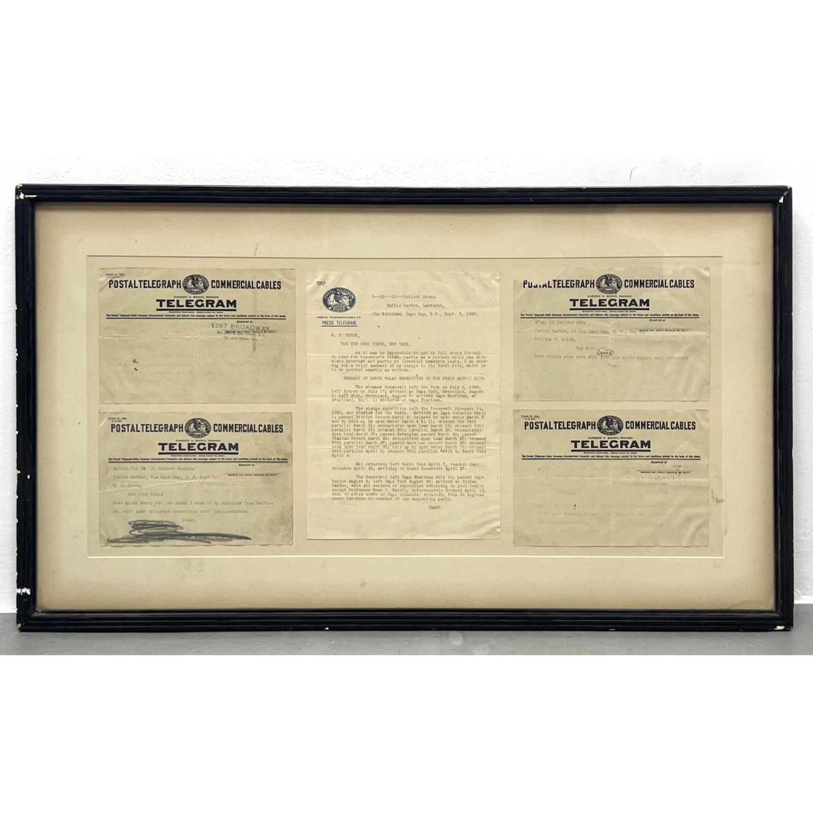 5 Framed c. 1909 Telegrams. 1) Summary of North Polar Expedition of the Peary Arctic Club. Dated Sep (1 of 9)