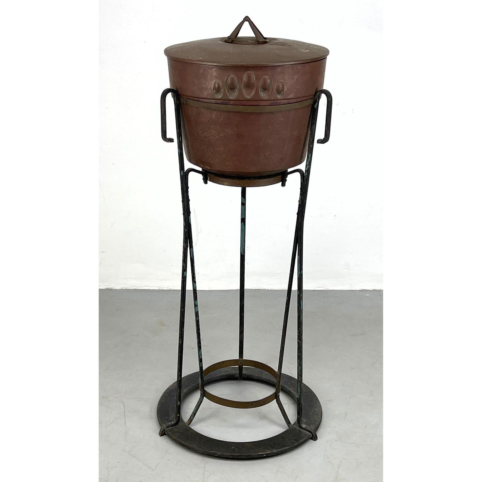 Austrian Style Copper Vessel on Iron Frame. Lidded Arts and Crafts Cooper Vessel. Iron Stand. (1 of 16)