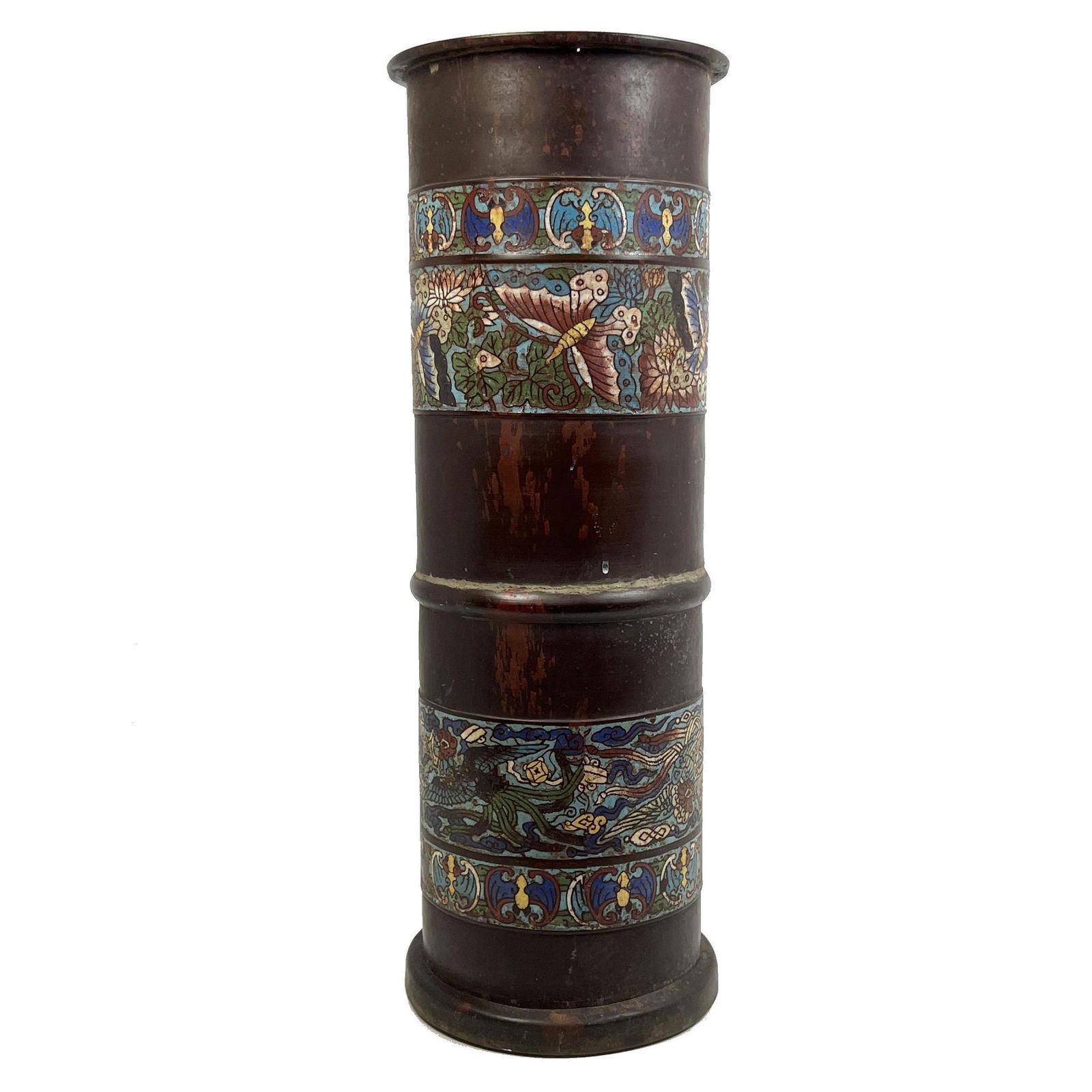 Vintage Chinese Cloisonne Champleve Enamel Umbrella Stand. Metal column form with enamel band decora (1 of 9)
