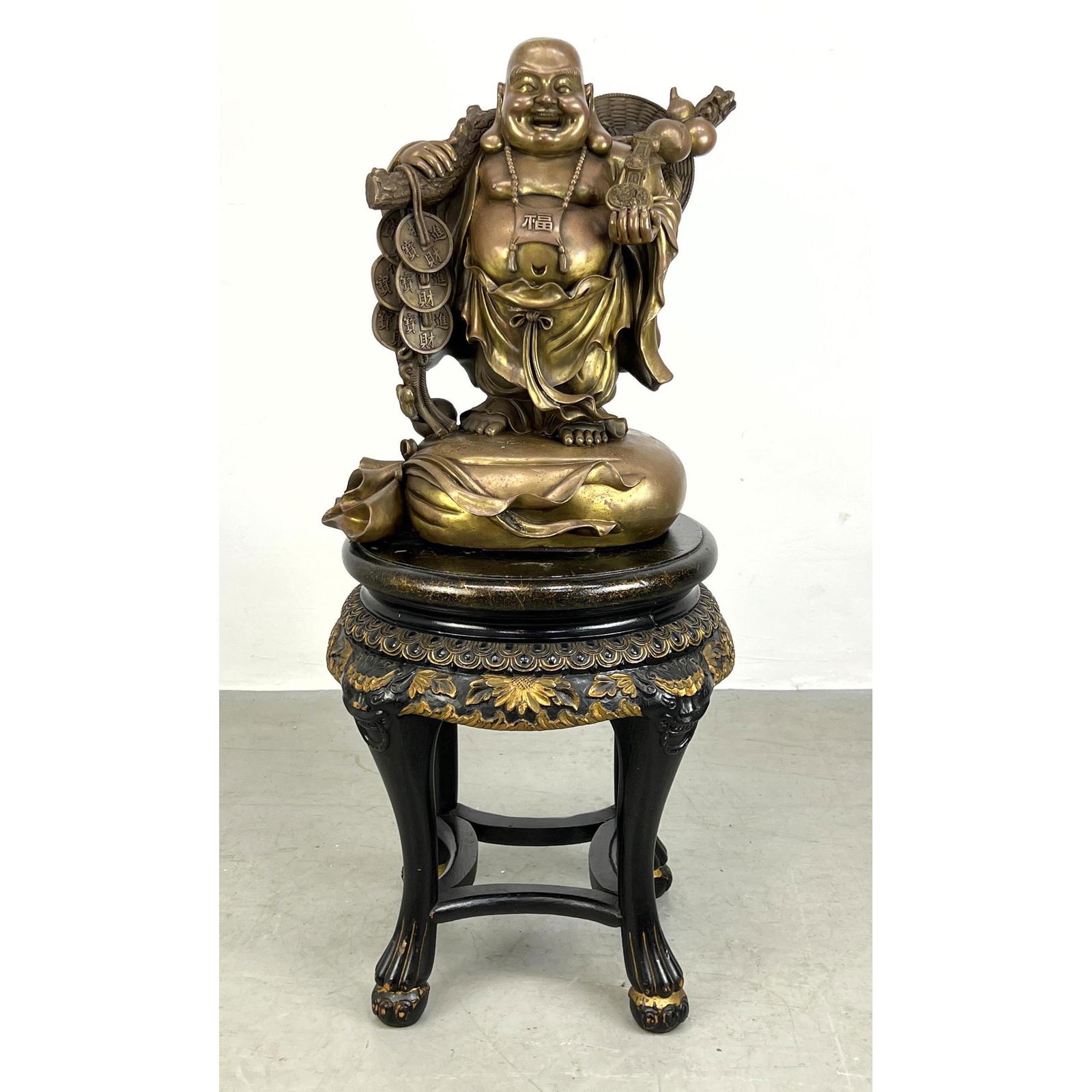 Brass Happy Buddha Sculpture. Ebonized Gilt Trimmed Carved Wood Stand Pedestal. Sculpture Height 20 (1 of 14)