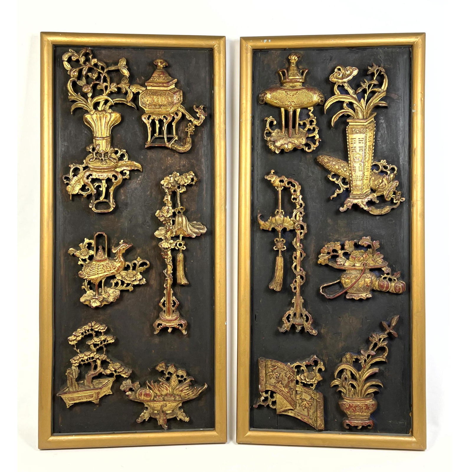 Pr Relief Carved Wood Panels. Framed panels. Carved images of Bonsai trees, Planters, Flower Vases. (1 of 7)