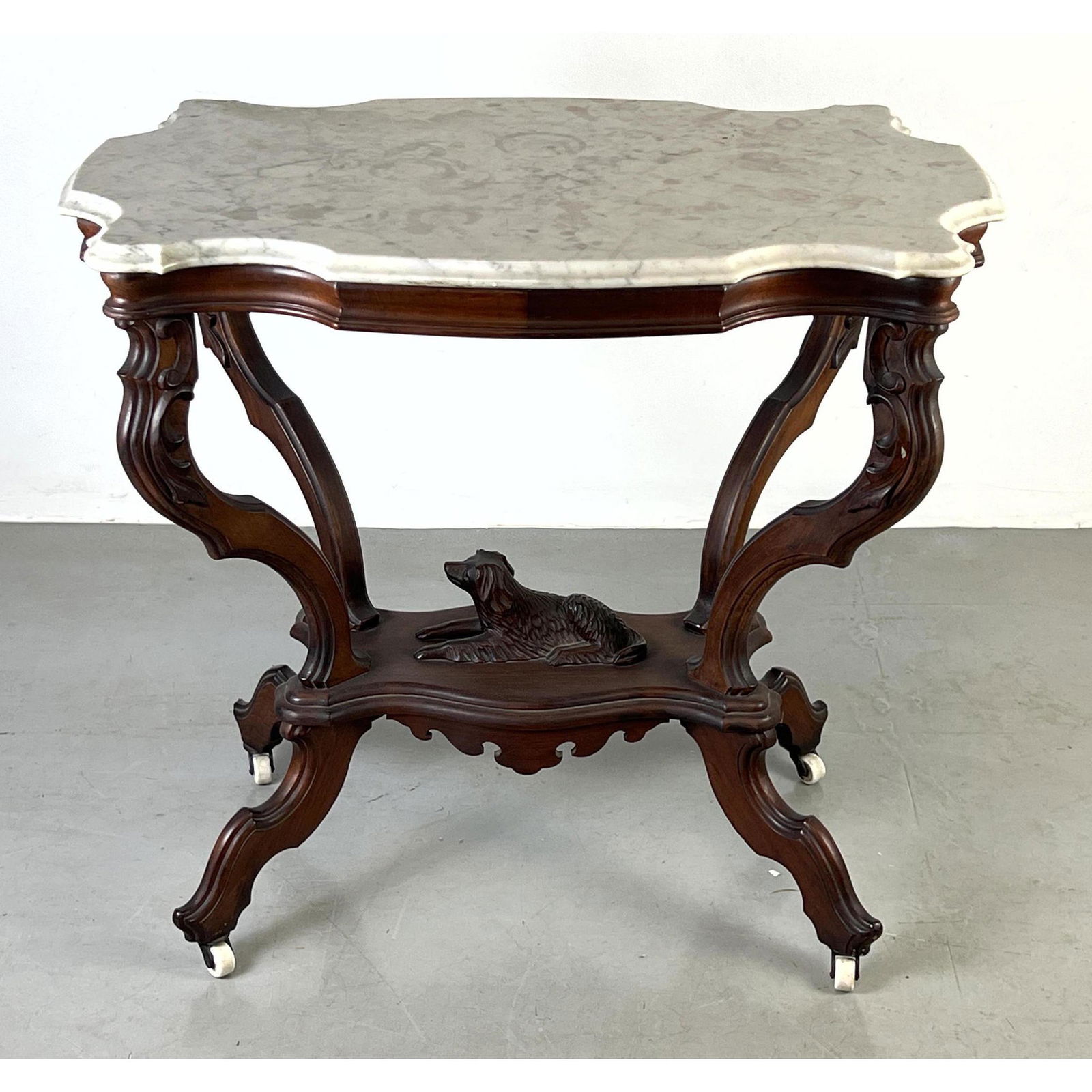 Victorian DOG Marble Top Turtle Back Table. Bottom Level with Carved Dog Figure. Decorative Skirt. (1 of 12)