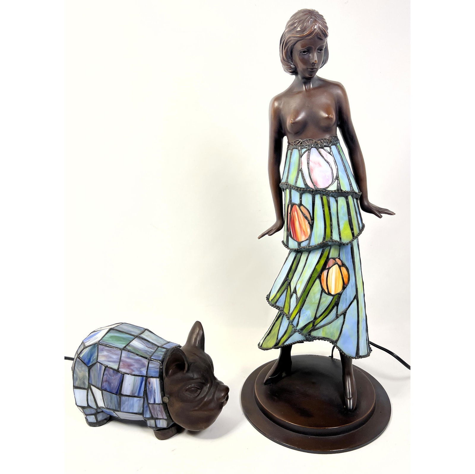 2pc Stained Glass Figural Lamps. 1) Lady with floral stained glass skirt. 2) Stained Glass Dog?  Sig (1 of 12)