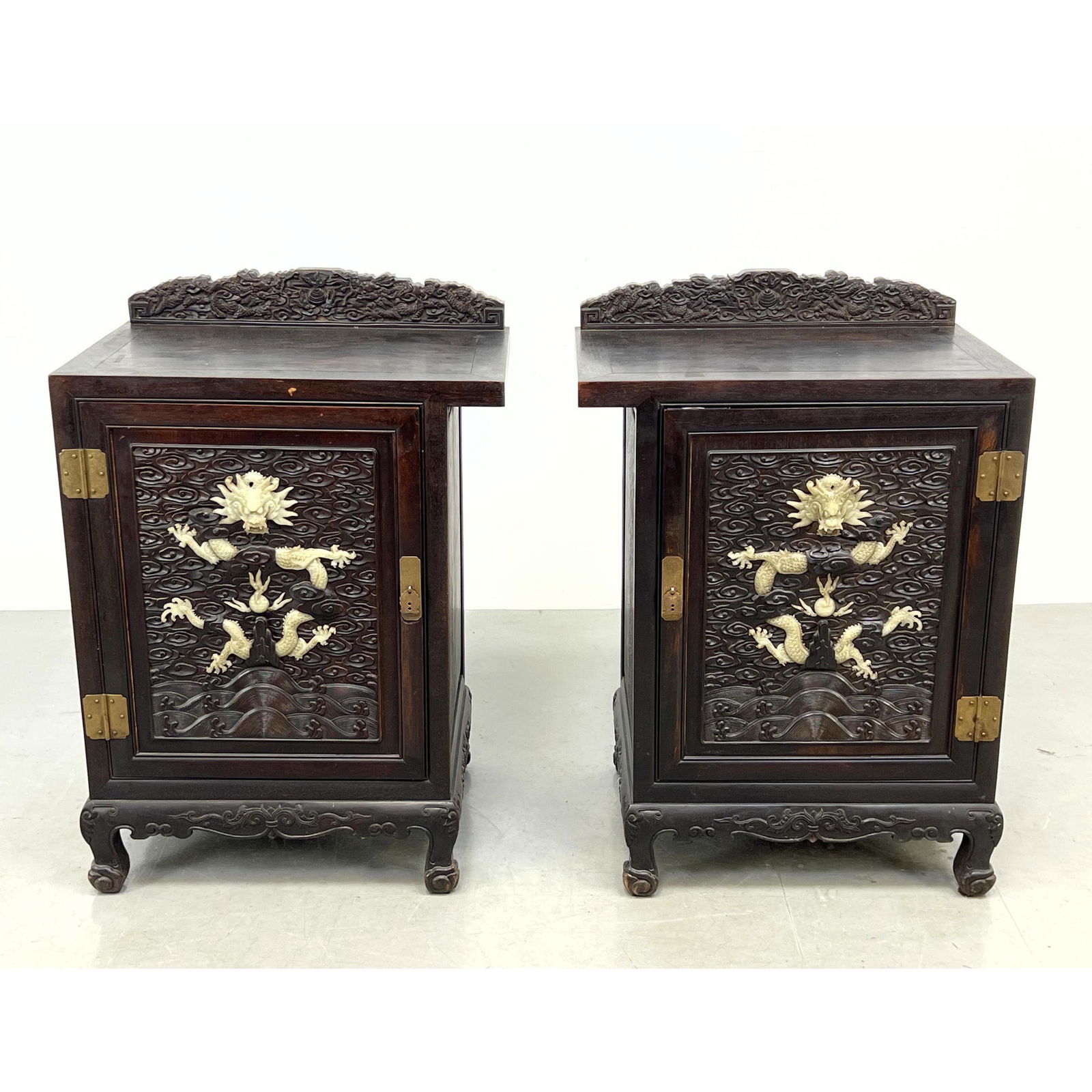 Pr Asian Cabinets Stands. Cloud Carved Door Panels with applied carved dragon elements. Each has car (1 of 17)