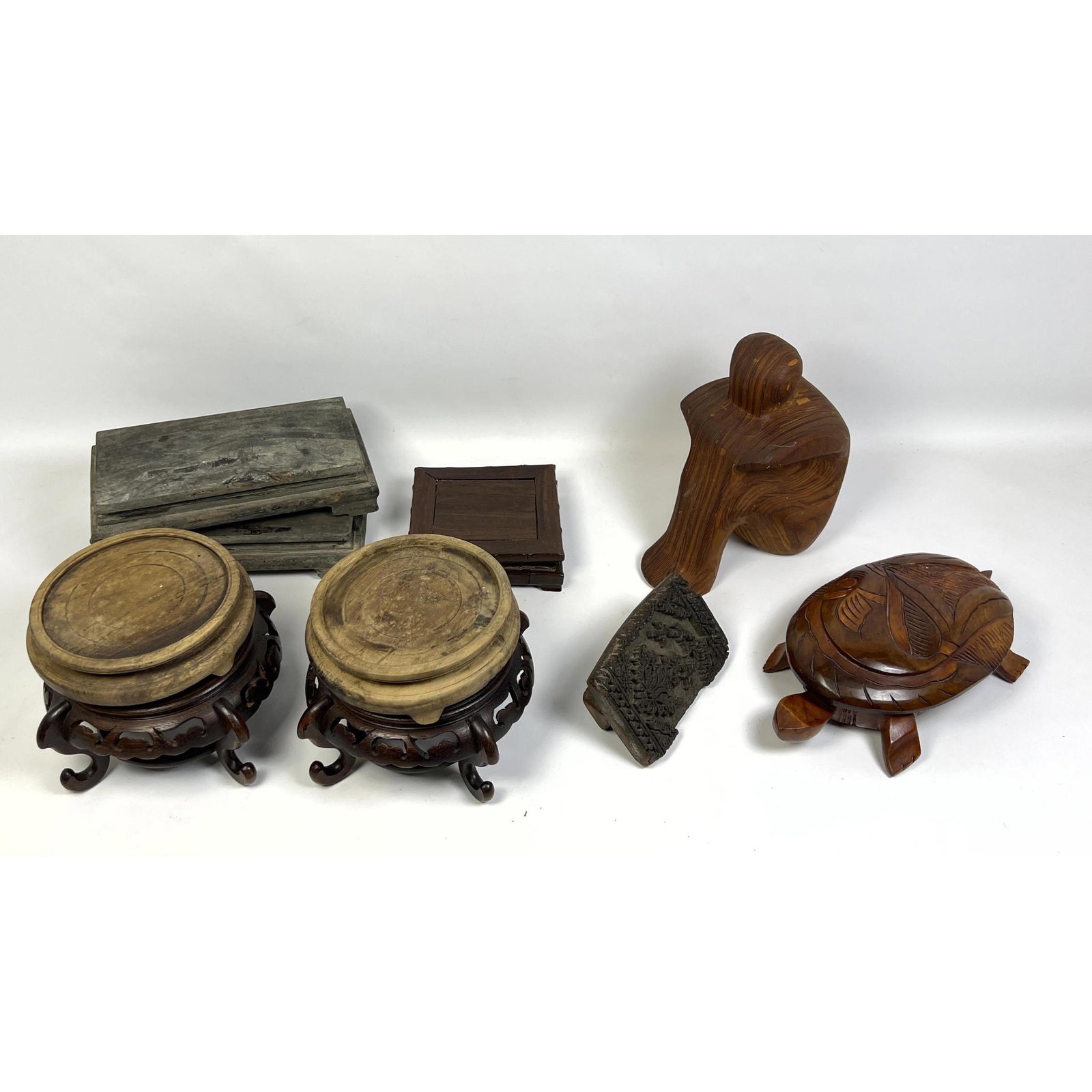 Wood Lot. Carved Asian Bases. Wallpaper Block. Turtle, etc: Wood Lot. Carved Asian Bases. Wallpaper Block. Turtle, etc Dimensions: H: 10 inches: W: 9 inches: D: 5 inches ---