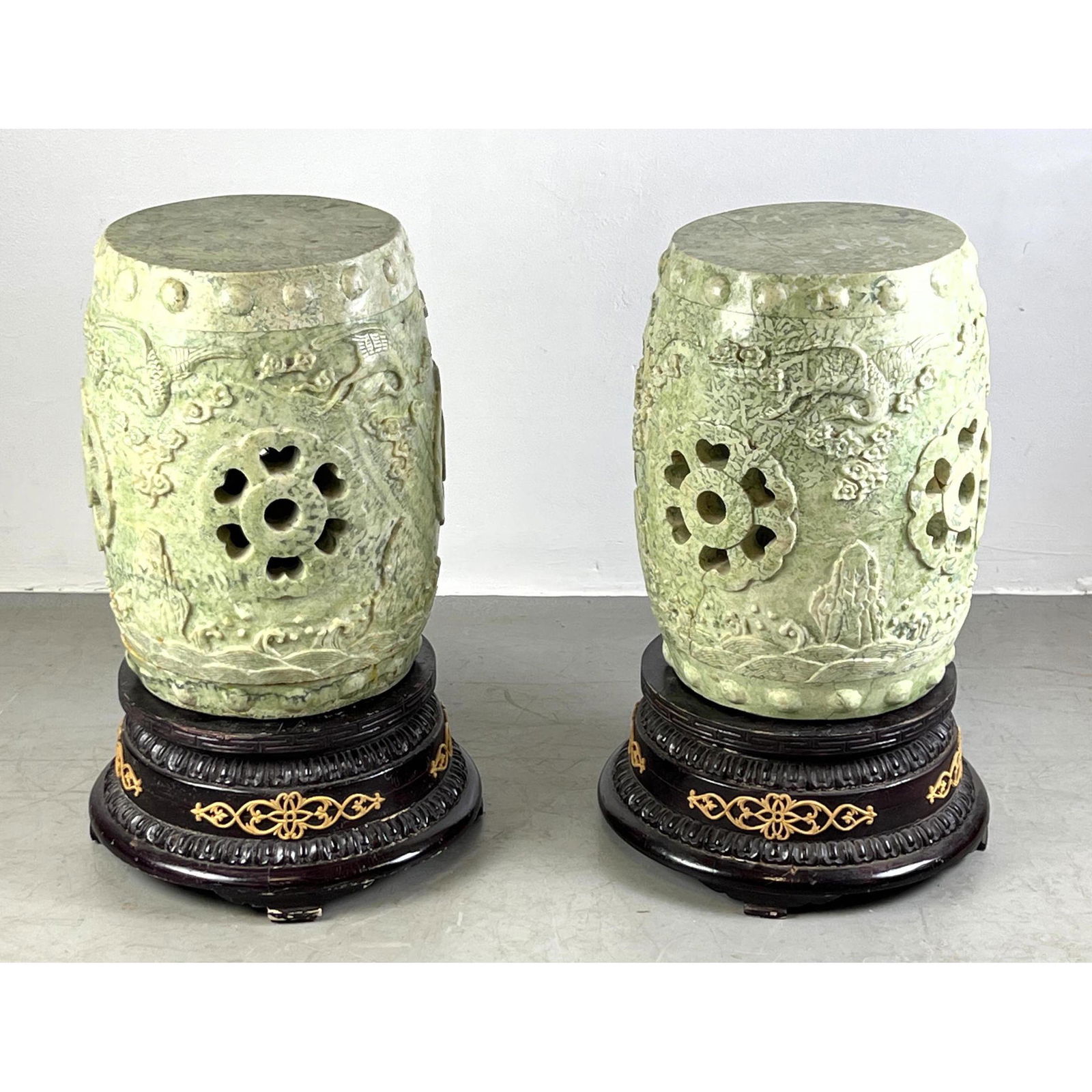 Pr Carved Stone Garden Stools. Relief Carving. Wood Base. Stool only 17.5 tall. Very heavy (1 of 14)