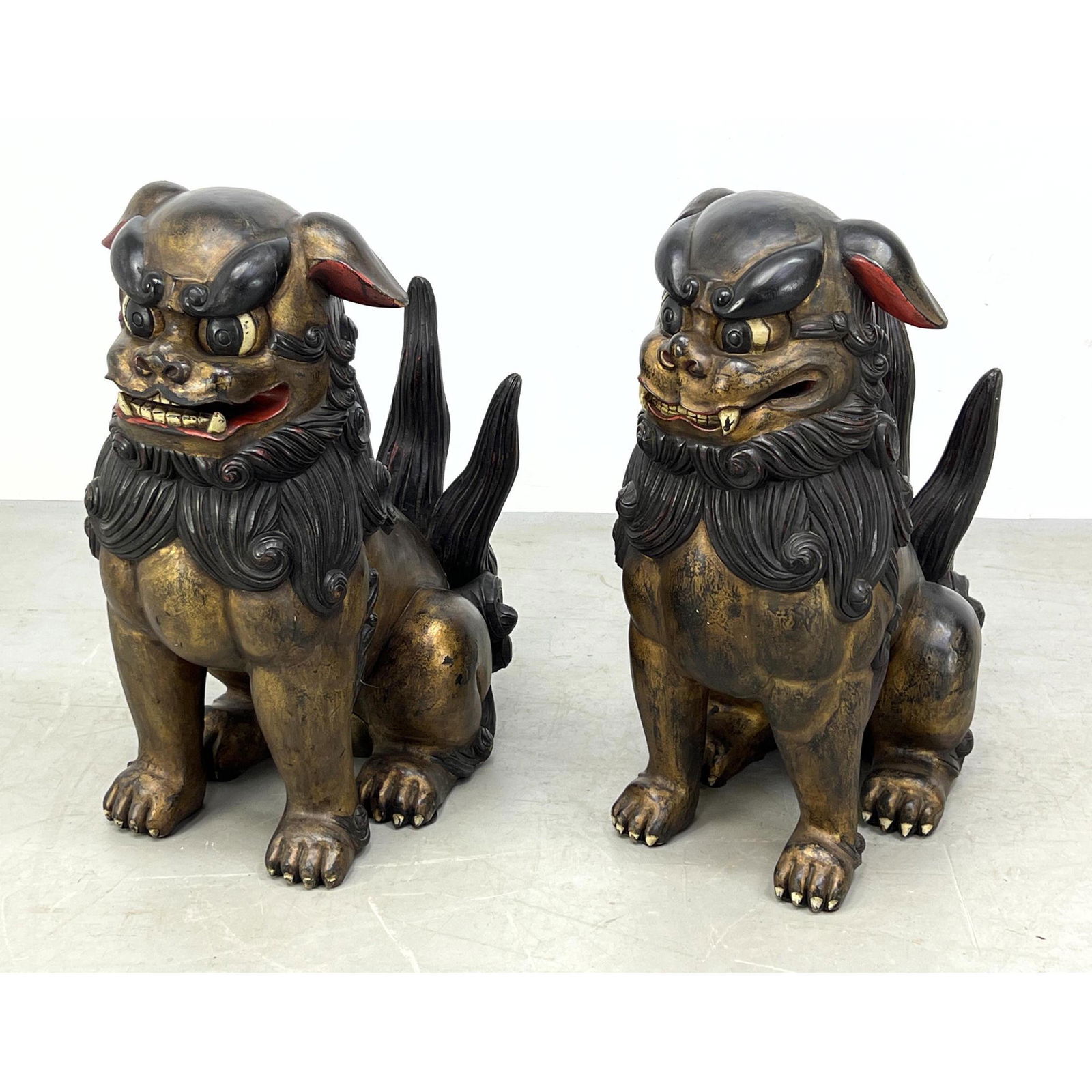 Pr Carved Wood Polychrome Foo Dogs. Gilt Paint finish with ebony and red paint highlights. (1 of 11)