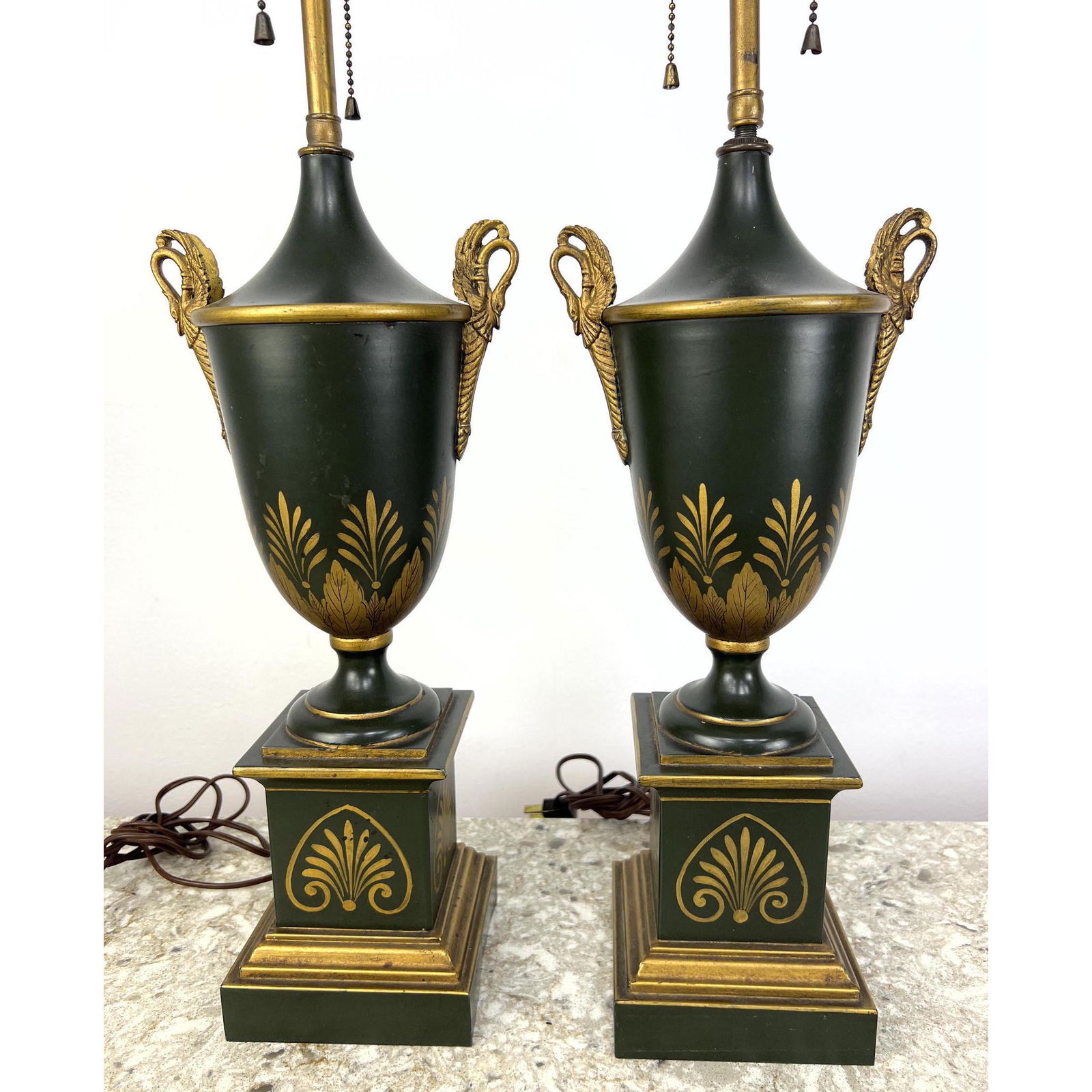 Pair Classical Tole Metal Table Lamps with Swan Handles. (1 of 7)