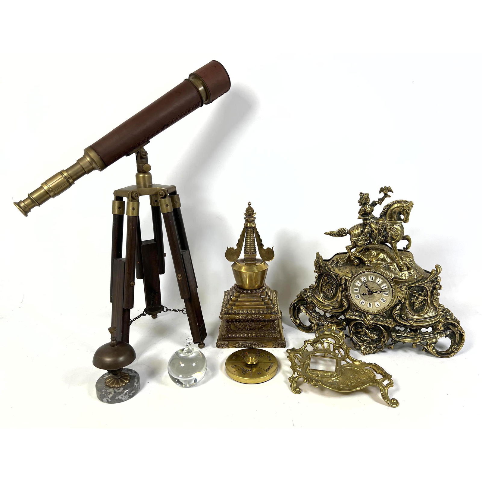 Mixed Decorative Objects. Mini Telescope, Clock, Brass Objects, Bell etc.: Mixed Decorative Objects. Mini Telescope, Clock, Brass Objects, Bell etc. Dimensions: H: 13 inches: W: 13 inches ---